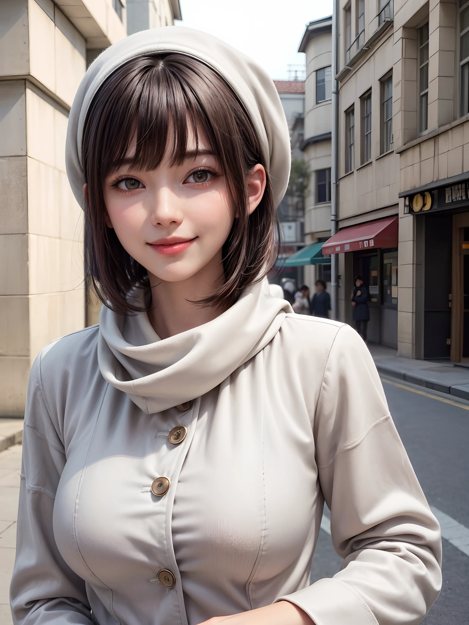 (masterpiece, top-quality),1girl in, 独奏, A dark-haired, scarf, Hats,, realisitic, looking at the viewers, black eyes of light color, shorth hair, coat, Winter clothes, White headscarf, s lips, lipgloss,bangss,, a closed mouth, The upper part of the body、big eye、Lashes、((Street))、((Shorthair with bangs、big eye、Put very strong highlights in your students、very Bigger breasts、gazing at viewer、Very beautiful beauty、Put your ears out、long neck、little smiling、Close your mouth and smile)))、