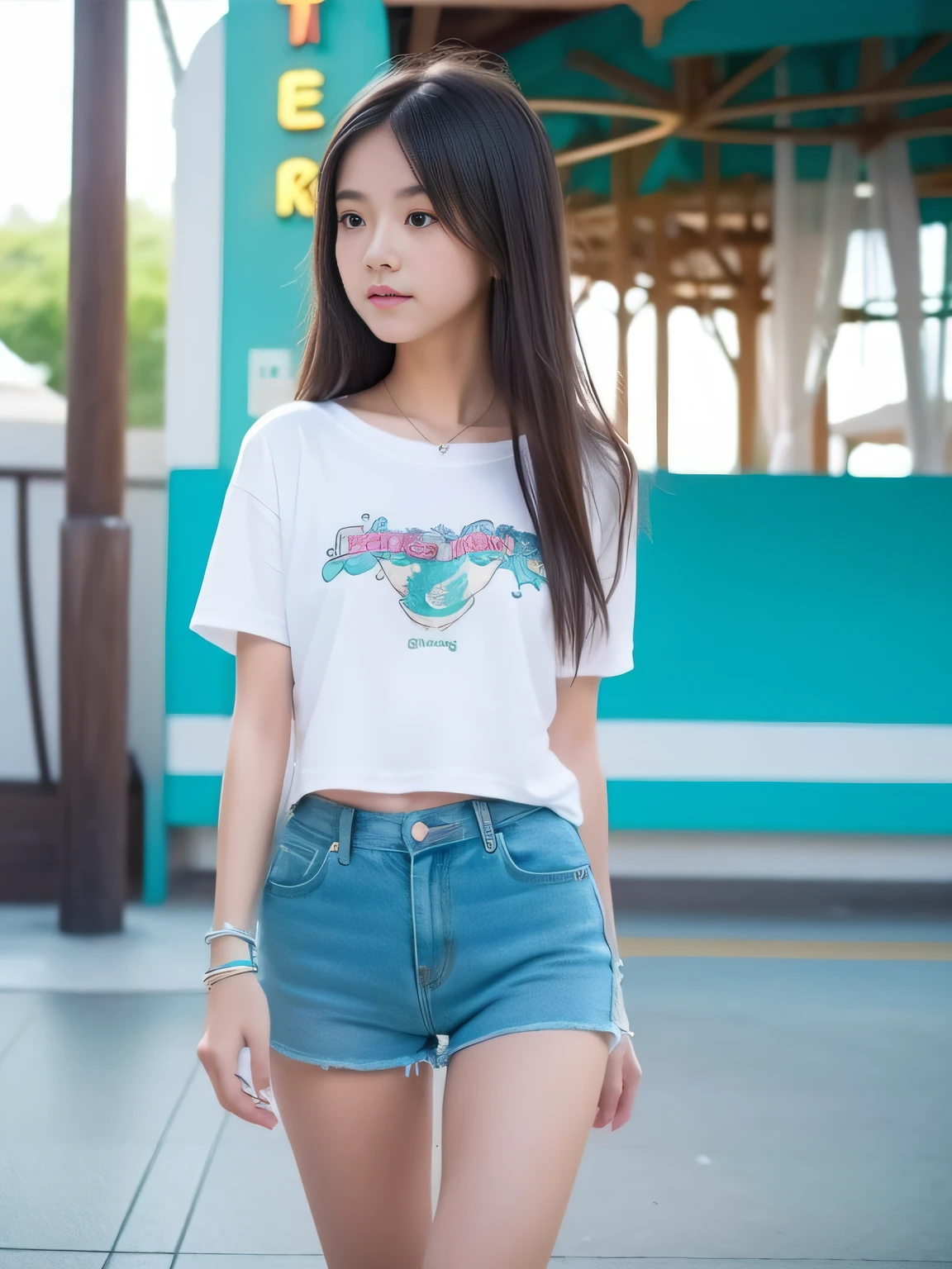 Looks Back,年轻,Turquoise Beach Shorts,Long T-shirt,teens girl,Delicate body,petite body,Delicate body,small tits,tiny chest,A dark-haired,Very Longhair,An amusement park