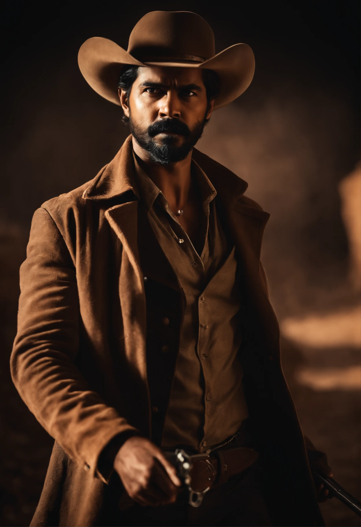 thalapthy vijay as cowboy with a gun in hand artistic style image realstic wearing brown coat in place where there is wind blowing dust effect having a wild look and beard and rage in the eyes