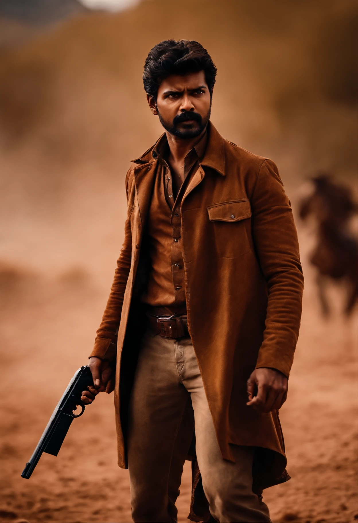 thalapthy vijay as cowboy with a gun in hand artistic style image realstic wearing brown coat in place where there is wind blowing dust effect having a wild look and beard and rage in the eyes