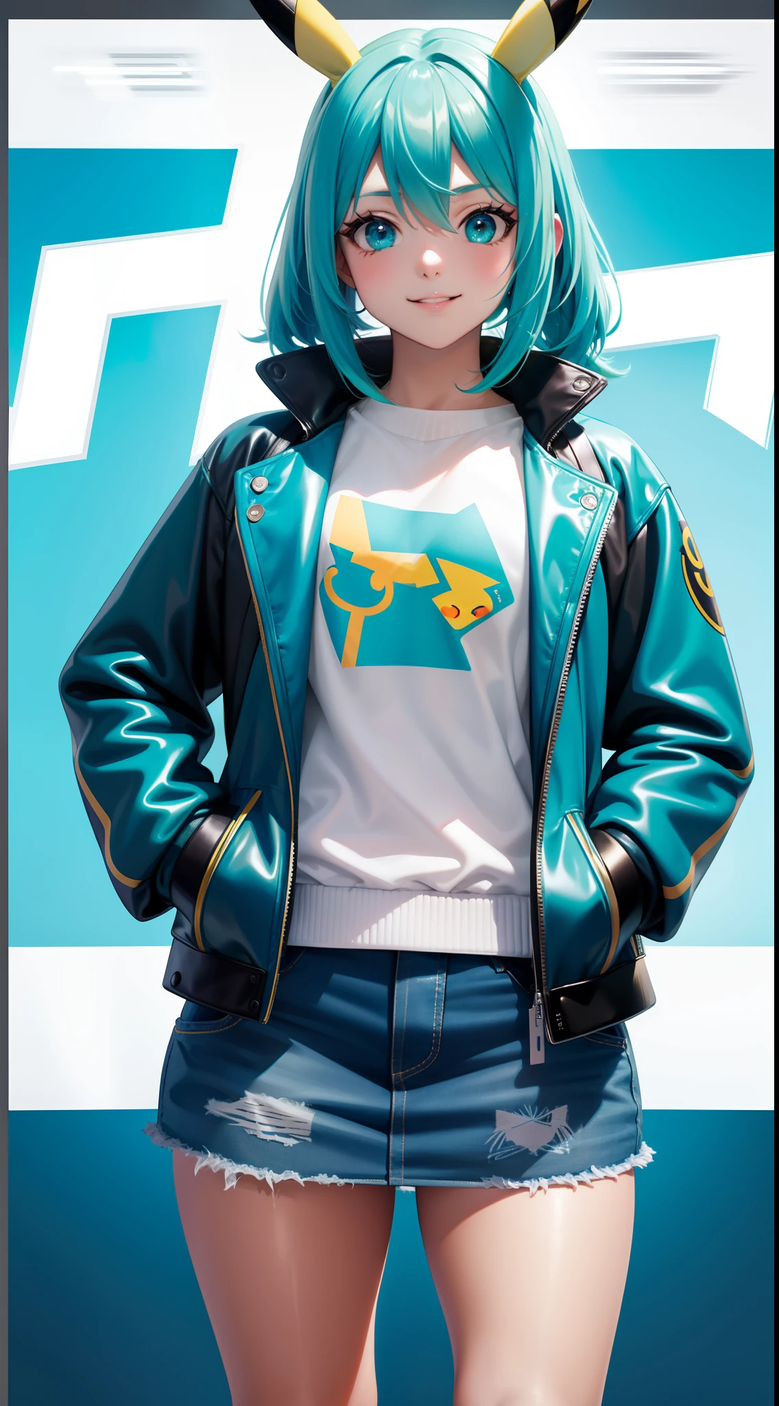 Pikachu、miku hatsune、Pokémon, Pikachu Coat,surrealism, Realism, Cinematic lighting, Fuji Film, Sony FE, Sony FE GM, hyper HD, masutepiece, High quality, hight resolution, Super Detail,Pikachu, A teenage girl, White skinned, hands in the pocket,sexy for, Smiling,leather jackets, Short denim skirt, Blonde hair, Gradient Hair, aqua eyes