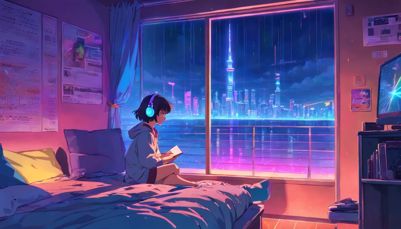 (zero), Girl studying in her room, reading a book, Wear headphones, , night lights, Neon landscape on a rainy day,Analog Color Theme, Lo-Fi Hip Hop , retrospective, flat, 2.5D ,Draw a line, Ink Drawing, Large slope, Watercolor painting, Goosch Colors, Studio Ghibli Style, Awesome colorful, Outer Ton, Synthwave, lofi art,90s style,Old texture, amplitude,90s vibe, masutepiece, Tremendous technology, 16:9 scale
