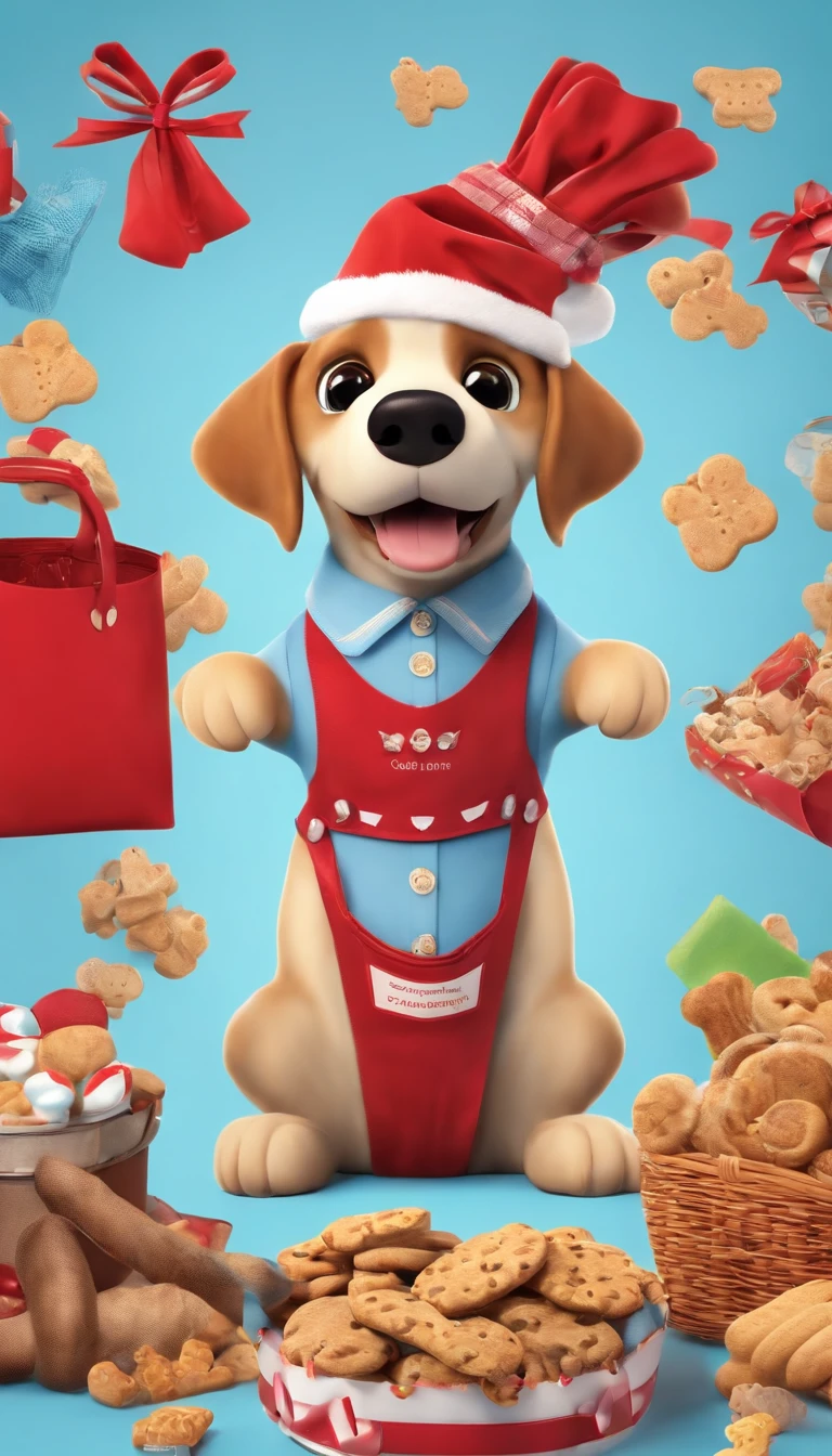 there is a cute dog in a red apron in the center of the poster, holding a shopping basket in his handvery happy and content expression, surrounded by pet treats, toys, and clothing.with a light bluebackground, masterpiece, sunny, poster, 3d, c4d, oc render, mixer, soft light, high quality, welldesigned 9:16