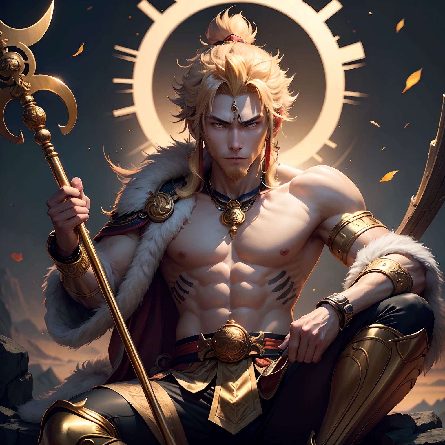 sun wukong in an appearance of a 22 year old young man holding a golden staff, villain, with evil look, is sitting on top of a mountain, golden aura around him, with monkey tail