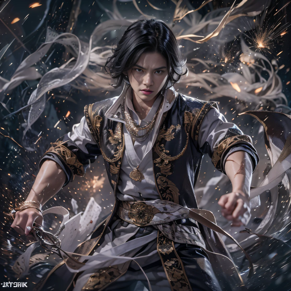 (Doomsday ruins)eyes filled with angry,He clenched his fists,Rush up,Deliver a fatal blow to your opponent,full bodyesbian,Full Body Male Mage 32K(tmasterpiece,hyper HD)Long flowing black hair,Campsite size,zydink, a color, The scene of the explosion(Doomsday ruins), (Linen batik scarf), Angry fighting stance, looking at the ground, Batik linen bandana, Chinese python pattern long-sleeved garment, (Abstract propylene splash:1.2), Dark clouds lightning background,Flour flies(realisticlying:1.4),Black color hair,Flour fluttering,Background fog, A high resolution, the detail, RAW photogr, Sharp Re, Nikon D850 Film Stock Photo by Jefferies Lee 4 Kodak Portra 400 Camera F1.6 shots, Rich colors, ultra-realistic vivid textures, Dramatic lighting, Unreal Engine Art Station Trend, cinestir 800,Flowing black hair,(((Male mage))),The male mage was furious,
