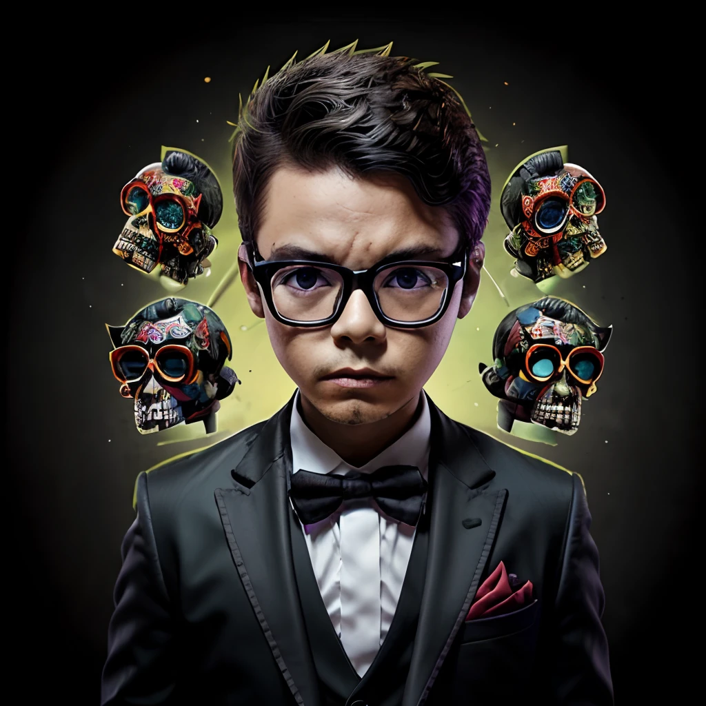 Day of the Dead chibi-boy wearing glasses in stylish suit Over text "GUTTO NERD" In serious black, withered flowers and Day of the Dead candles 3D rendering, fashion, photography, illustration, anime, poster, photography, 3D rendering, typography, fashion, illustration, dark fantasy