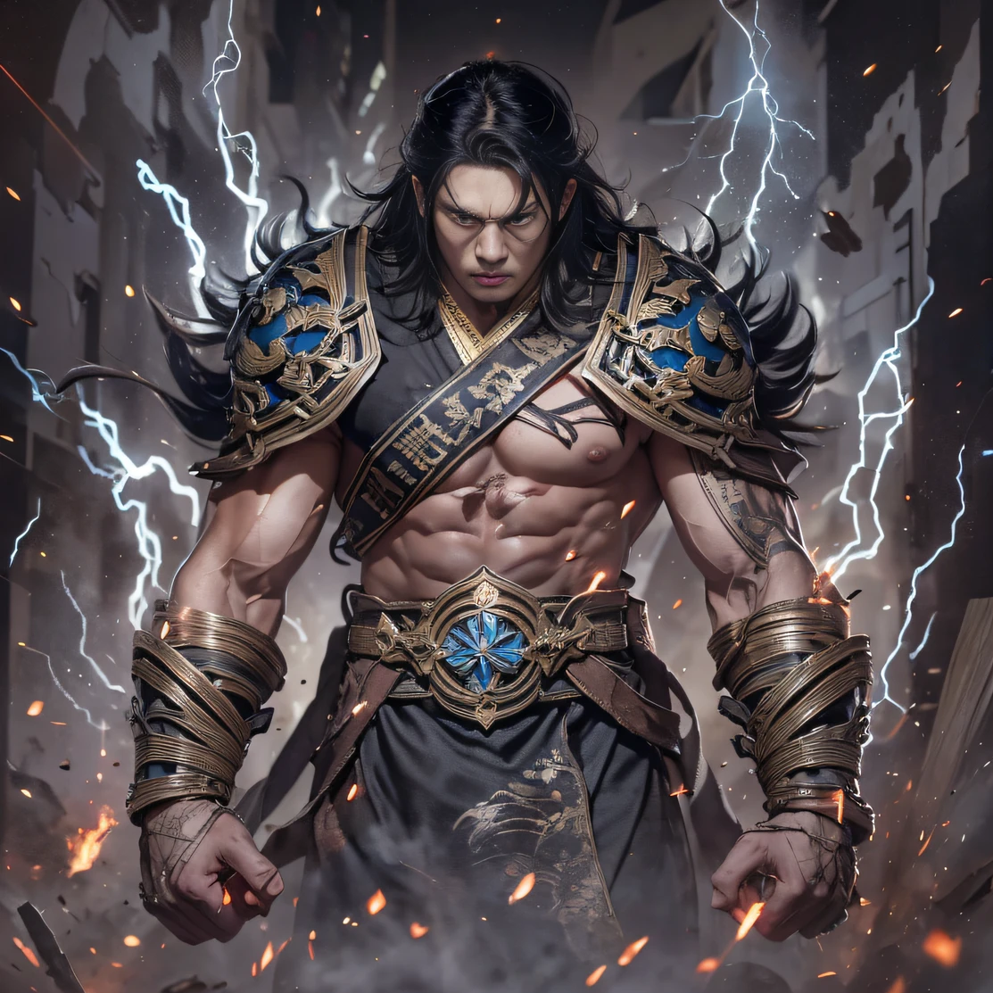 （Doomsday ruins）eyes filled with angry，He clenched his fists，Rush up，Deliver a fatal blow to your opponent，full bodyesbian，Full Body Male Mage 32K（tmasterpiece，hyper HD）Long flowing black hair，Campsite size，zydink， a color， The scene of the explosion（Doomsday ruins）， （Linen batik scarf）， Angry fighting stance， looking at the ground， Batik linen bandana， Chinese python pattern long-sleeved garment， （Abstract propylene splash：1.2）， Dark clouds lightning background，Flour flies（realisticlying：1.4），Black color hair，Flour fluttering，Background fog， A high resolution， the detail， RAW photogr， Sharp Re， Nikon D850 Film Stock Photo by Jefferies Lee 4 Kodak Portra 400 Camera F1.6 shots, Rich colors, ultra-realistic vivid textures, Dramatic lighting, Unreal Engine Art Station Trend, cinestir 800，Flowing black hair,（（（Male mage））），The male mage was furious，