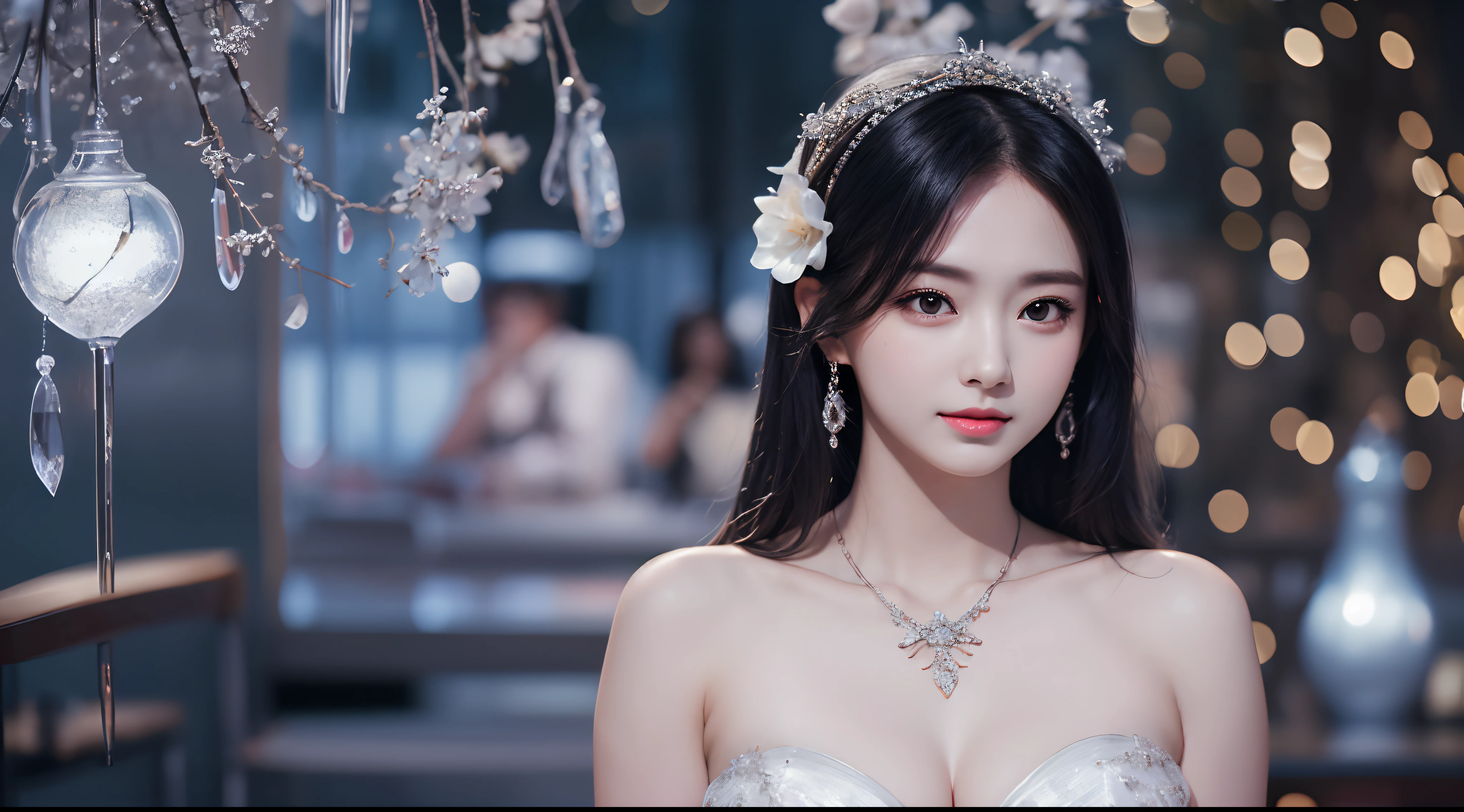 Realistic lighting, Top Quority, 8K resolution, (masterpiece: 1.3), (Clear focus: 1.2), 1 Asian girl, beautiful face, smooth white skin, big double eyelids, light makeup Sexy expressions, Perfect anatomy of the body, (perfect body: 1.6), (big chest 1.7), long black hair, (best breasts: 1.8), magia, sexy evening dress, sexy, exterior, (date: 1.1), 1080p, hyper HD, textured, super detailed, best quality, high detail, highest quality.