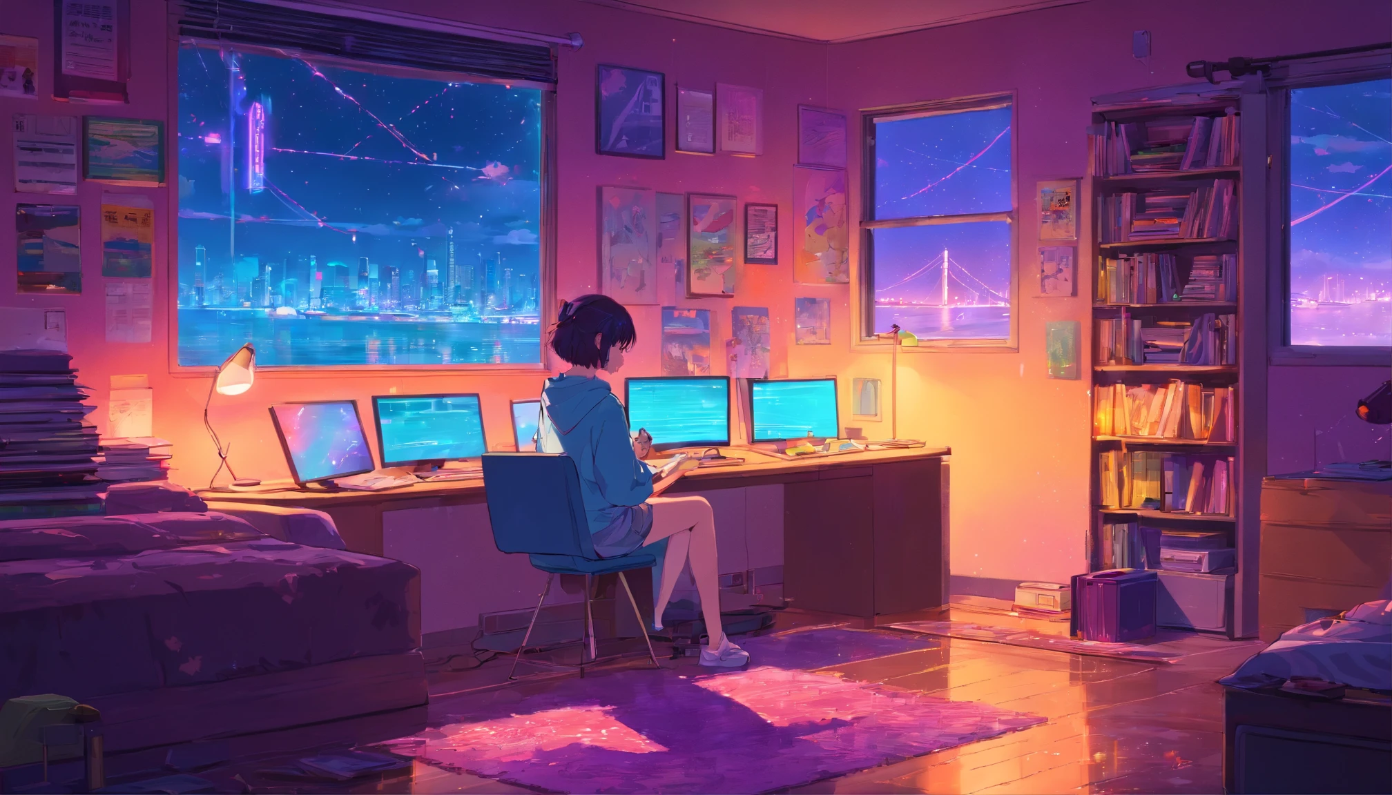 (zero), Girl studying in her room, reading a book, Wear headphones, , night lights, Neon landscape on a rainy day,Analog Color Theme, Lo-Fi Hip Hop , retrospective, flat, 2.5D ,Draw a line, Ink Drawing, Large slope, Watercolor painting, Goosch Colors, Studio Ghibli Style, Awesome colorful, Outer Ton, Synthwave, lofi art,90s style,Old texture, amplitude,90s vibe, masutepiece, Tremendous technology, 16:9 scale