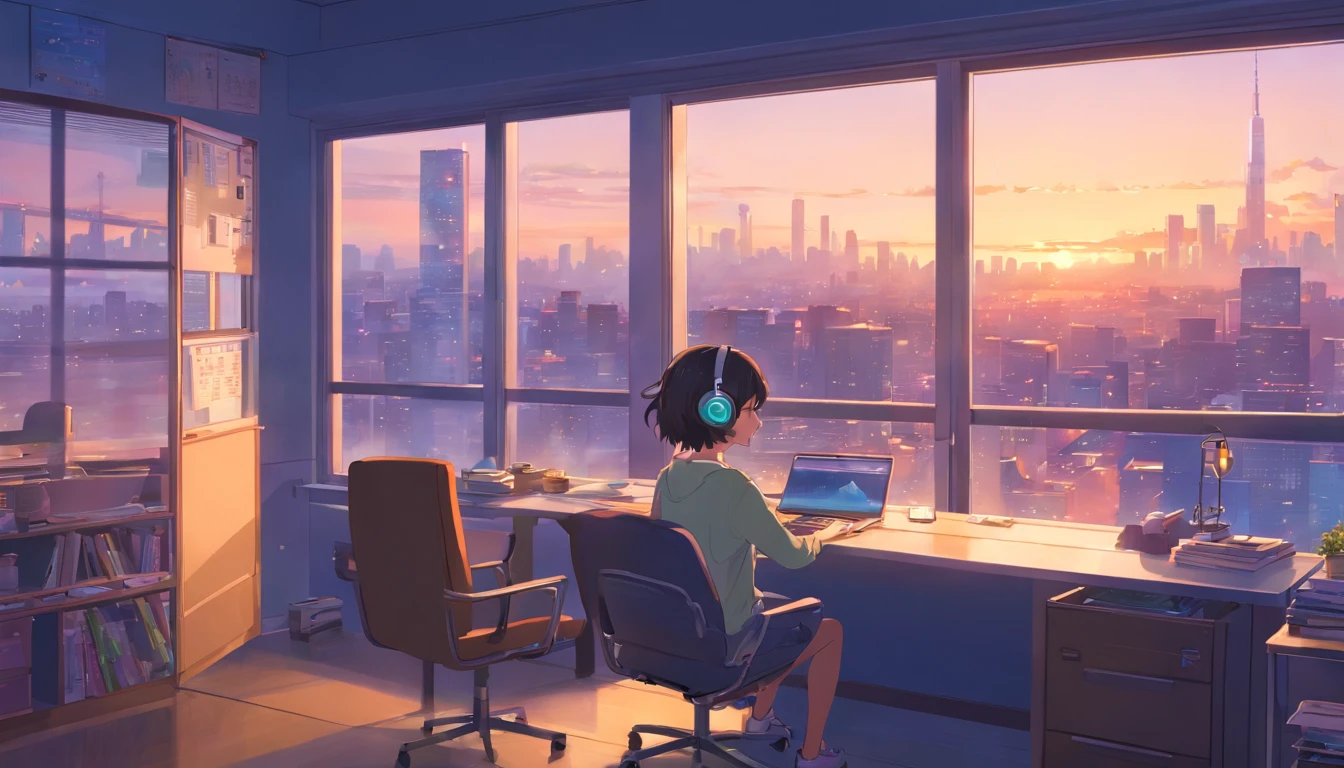 portlate、512、lo-fi、Girl in headphones sitting on a chair、Napping at your desk、Eyes closed、City view outside the window、early evening、PastelColors、Painting