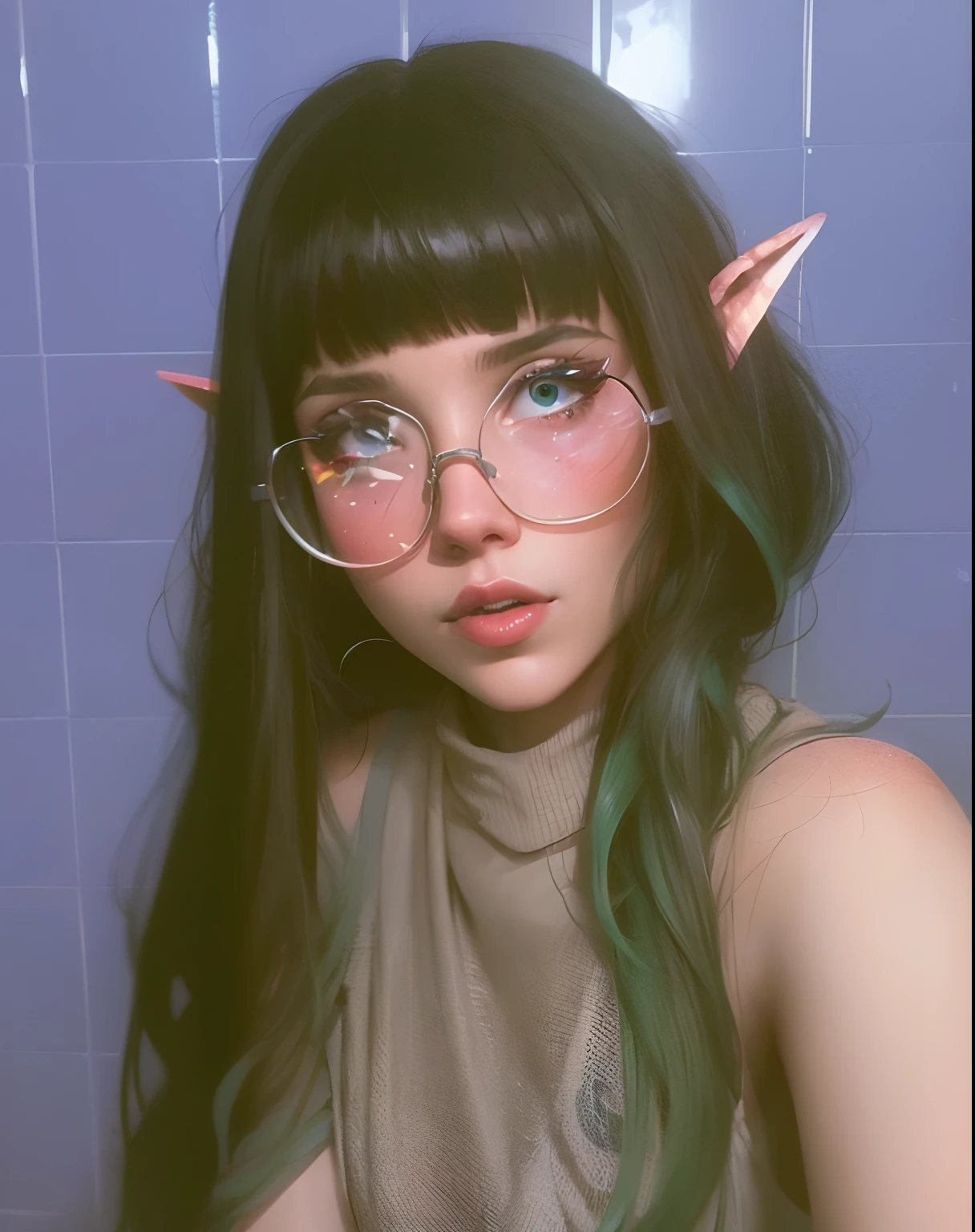 Portrait of a girl with elf ears. Her hair is blue and so are her eyes., she wears big round glasses, she is wearing a red robe, curly hair anime mo artstyle