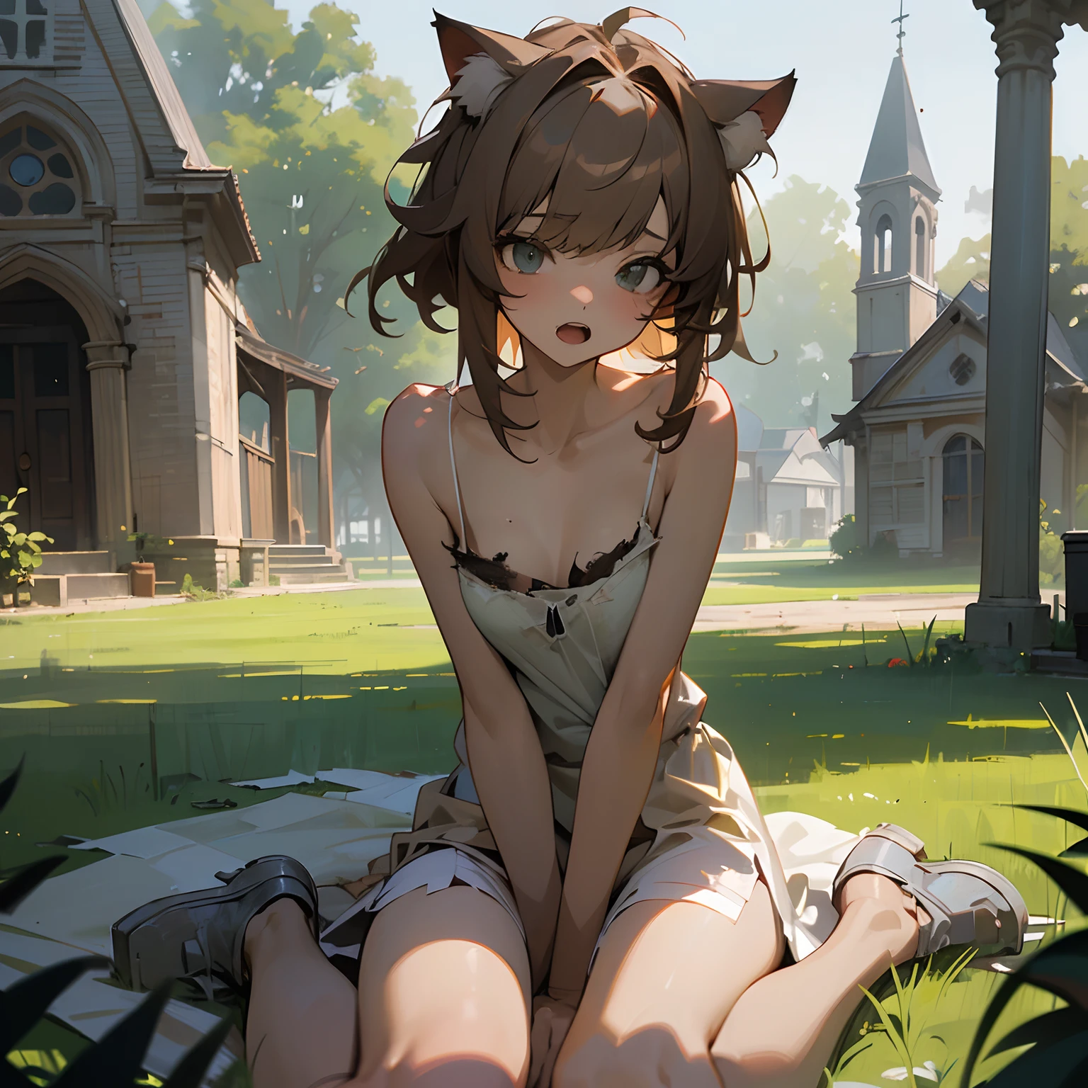 ((Masterpiece)),(Professional Photography:1.2), 8K, cinematic lighting, very messy hair, Cute tenage Beautiful girl(Sitting in lawn hill, entrance of the beautiful old church), (exposed breast, badly tattered and torn dirty oversized white-camisole, Slender small breasts, open mouth), slum townscape, Textured skin, cat ears, Pale brown hair
information