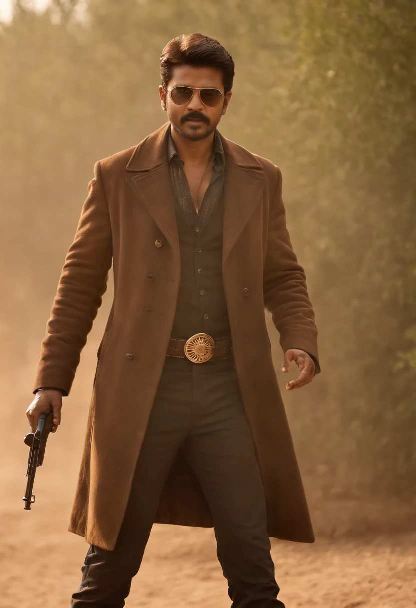 thalapthy vijay as cowboy with a gun in hand artistic style image realstic wearing brown coat in place where there is wind blowing dust effect having a wild look and beard and rage in the eyes with a ciggarette in his mouth and wearing cool sunglass in a blasting fire background