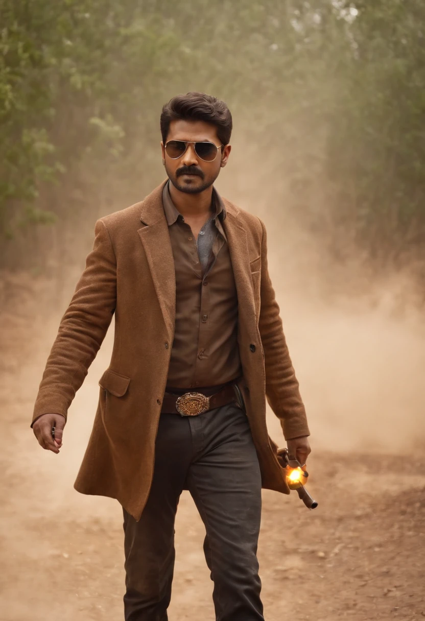 thalapthy vijay as cowboy with a gun in hand artistic style image realstic wearing brown coat in place where there is wind blowing dust effect having a wild look and beard and rage in the eyes with a ciggarette in his mouth and wearing cool sunglass in a blasting fire background