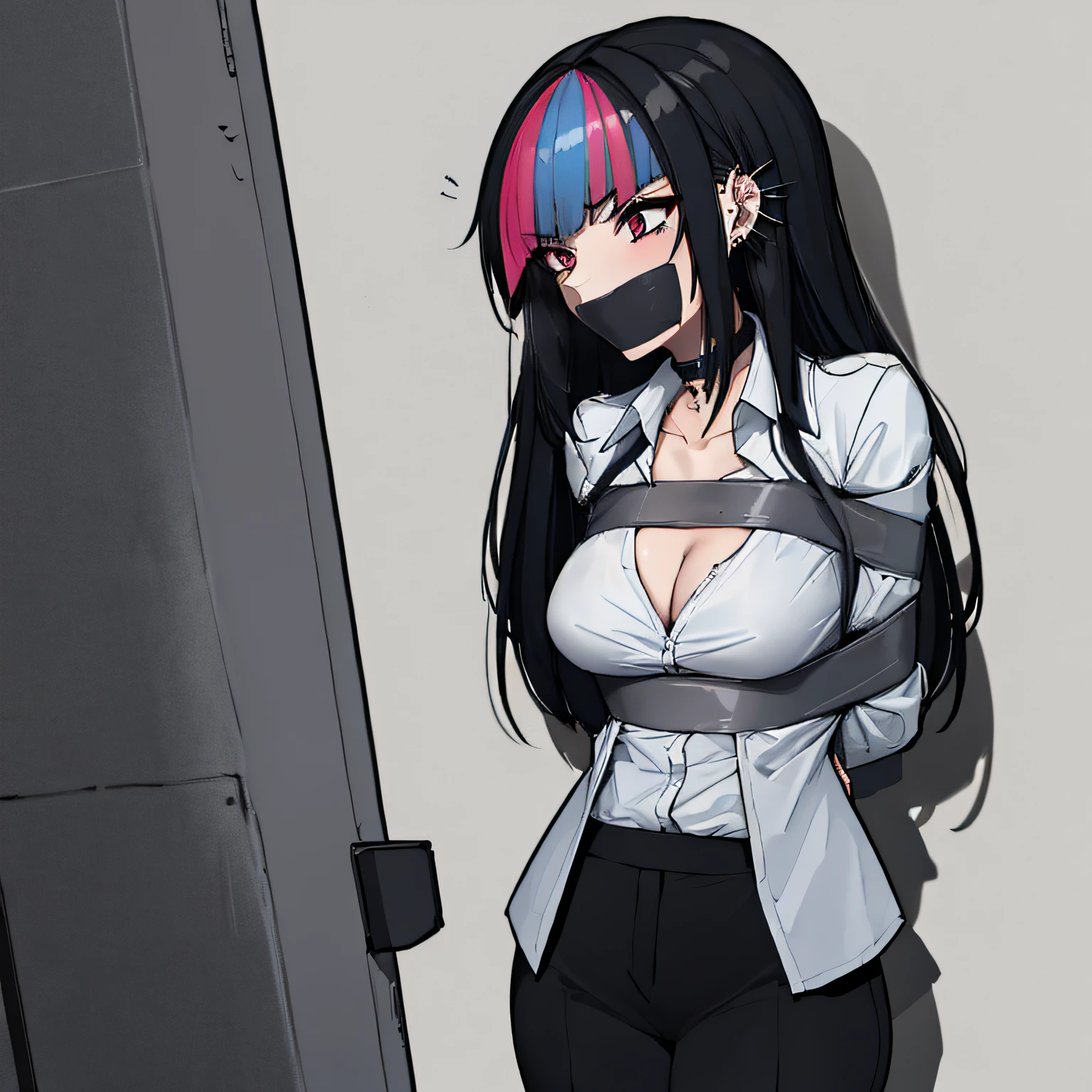 (absurdres, 8k, 4k, masterpiece, hyper extreme detailed:1.2), solo, 1girl, front view, perfect face, 1girl, portrait, expressive eyes, solo, standing, Female, perfect hands, pale skin, friendly, excited, punk rock, Long Hair, Multicolored Hair, black choker, black lipstick, Piercings, Ear Piercings, Nose Piercings, medium Bust, smile, half body, perfect anatomy, hands in pockets, anatomically correct, cowboy shot, no background, empty background, covered chest, white background, exposed shoulder, bound, bondage, (arms behind back:1.4), bdsm, tape gag, tape, tape bondage, restrained, tape wrapped, wrap gag, bondage, taped wrists, taped breasts, taped mouth, taped elbows, taped forearms, standing up, 1girl, cleavage, black hair, suit, business attire, suit pants, white collar shirt, unbuttoned, blazer, tie, vest, fedora, cuffs, handkerchief