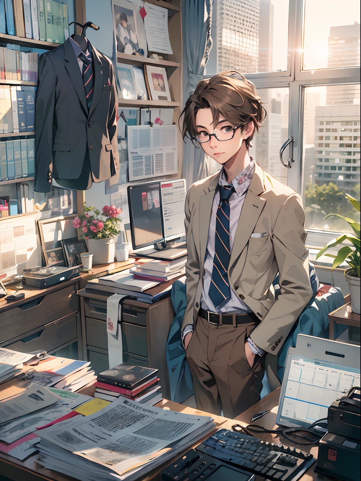 1boy,15 only、(Man's :2),(bobhair:1.5)、light brown hair、Suits、Brightly colored ties、Cluttered office、Twilight,Natural lighting、hightquality、masutepiece,8K,hight resolution、