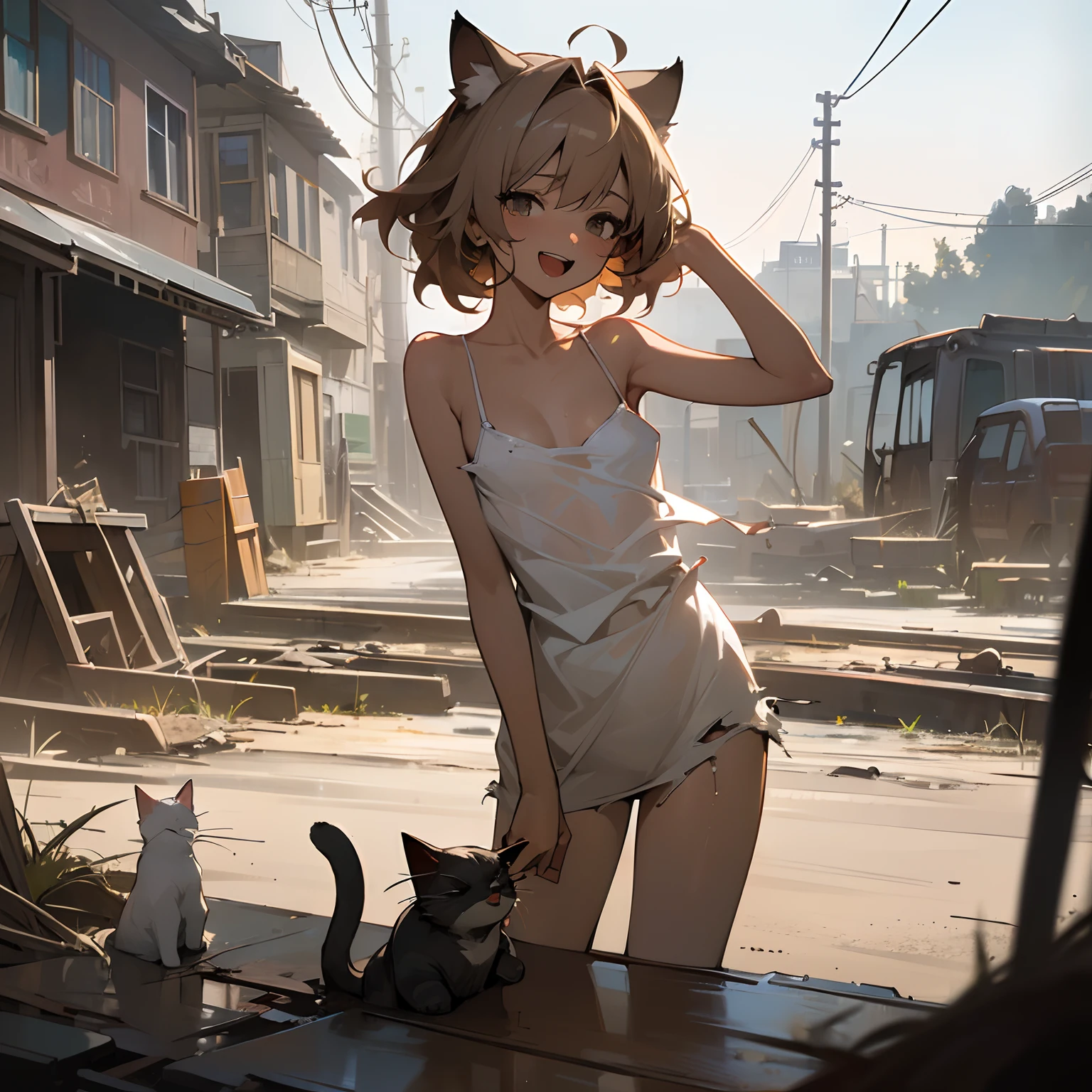 ((Masterpiece)),(Professional Photography:1.2), 8K, cinematic lighting, very messy hair, Cute teenage Beautiful girl, (against the beautiful lawn hill), (exposed breast, badly ragged and torn dirty oversized white-camisole, Slender small breasts, smile, open mouth), slum townscape, Textured skin, cat ears, Pale brown hair