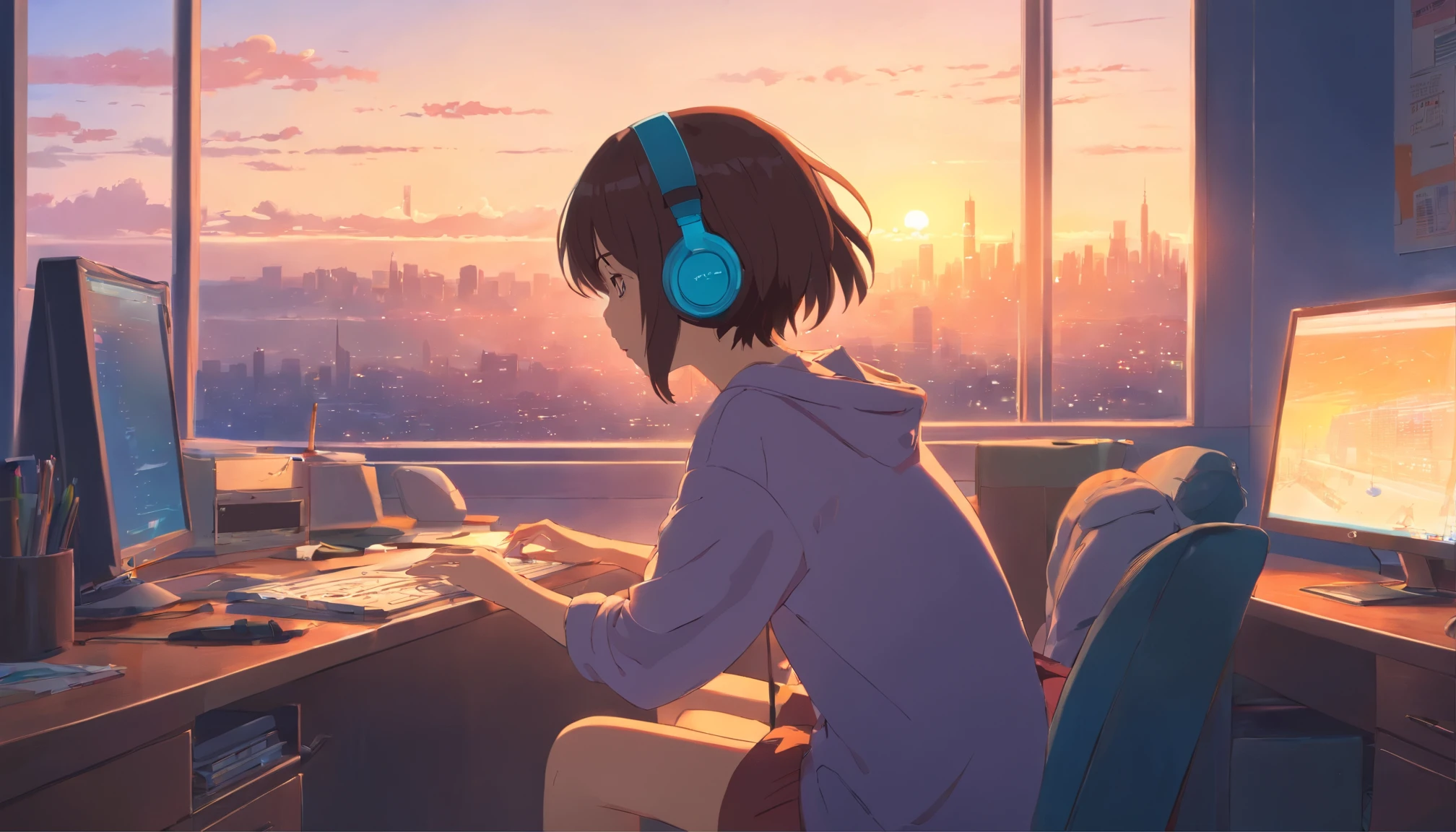 portlate、512、lo-fi、Girl in headphones sitting on a chair、Napping at your desk、Eyes closed、City view outside the window、early evening、PastelColors、Painting