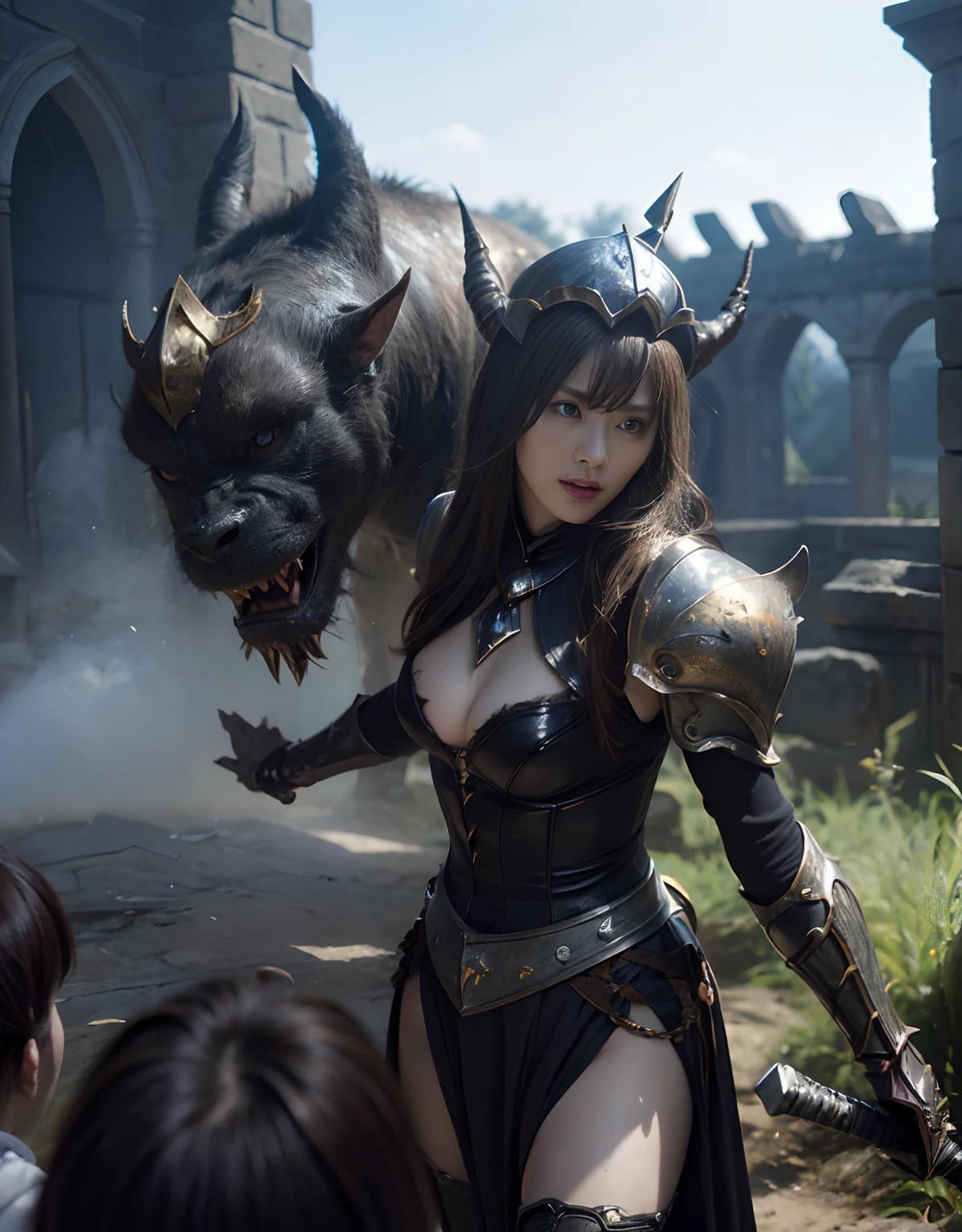 (One Knight Girl)、top-quality、masterpiece、超A high resolution、(Photorealsitic:1.4)、Raw photo、女の子1人、(Wear the Dark Knight's Armor)、glowy skin、(((Dark Fantasy)))、Fight with beautiful swords and shields、(((Mystical expression))),(Gorgeous gold metal body)、(Fight goblins、ogre、Fierce battle with orcs),(Fighting strong enemies)、Fight fiercely、(Background of decaying dungeon ruins)、(Ultimate Beauty)、(Detailed knight's helmet)、(Fighting Demonic Beasts)、(Wizard Hat)、((super realistic details))、portlate、(Strong giant demon beast background),globalillumination、Shadow、octan render、8K、ultrasharp、Colossal tits、Raw skin is exposed in cleavage、metals、Details of complex ornaments、Japan details、highly intricate detail、Realistic light、(Mystical expression),CGSoation Trends、Red Eyes、radiant eyes、Facing the camera)、Gundam、Small LED、Toostock、(Background of the mutation)、(Attack of the Monster Beasts)、Ultimate Beauty、beautiful female knight、Wear colorful armor、Detailed sword、(Wearing legendary armor)、