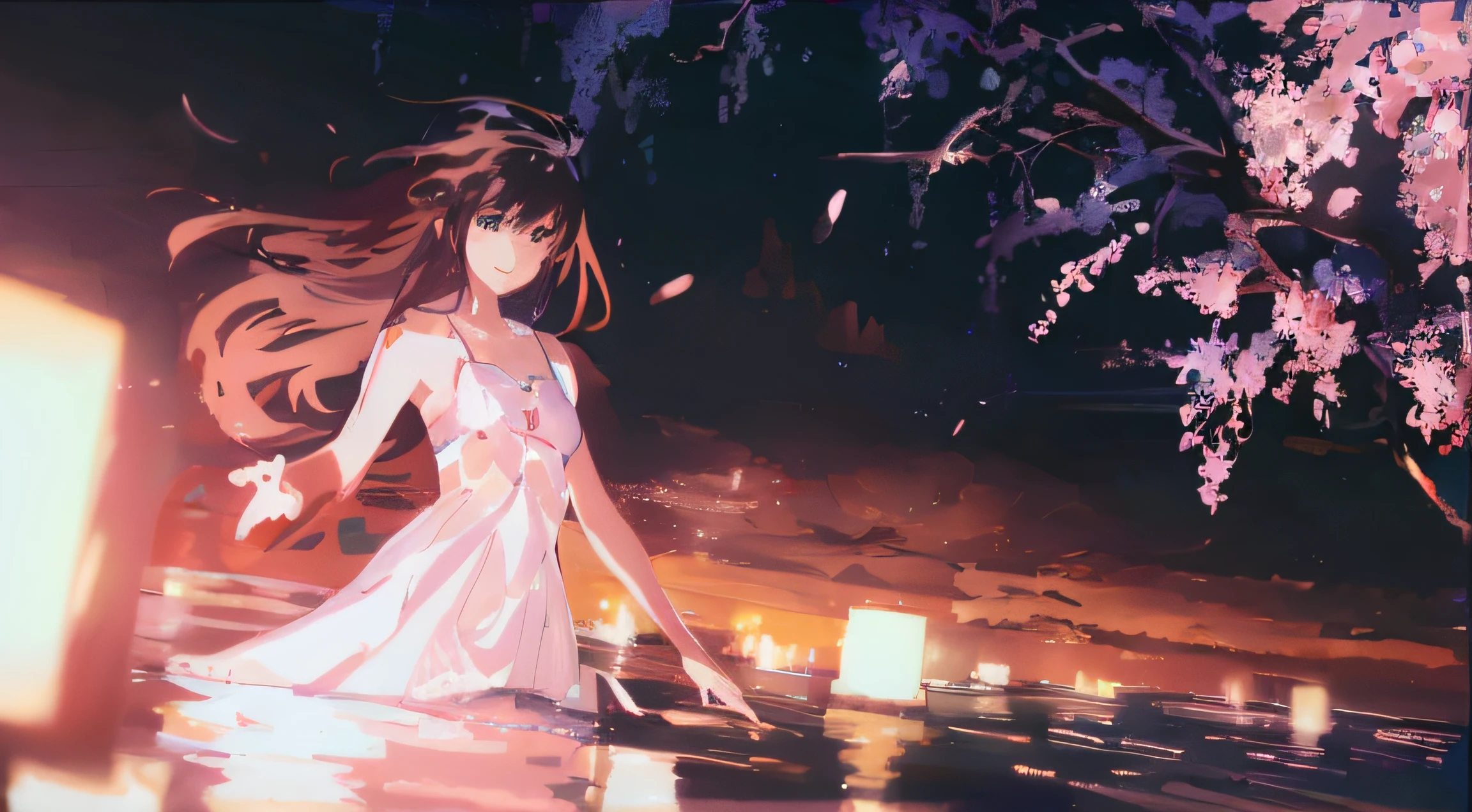 Anime girl in white dress standing in the water of river lamp, Makoto Shinkai Cyril Rolando, Anime girl walking on water, Anime art wallpaper 8 K, style of anime4 K, beautiful anime scenes, makoto shinkai art style, made with anime painter studio, ( ( Makoto Shinkai ) ), Anime style. 8K, in the style of makoto shinkai