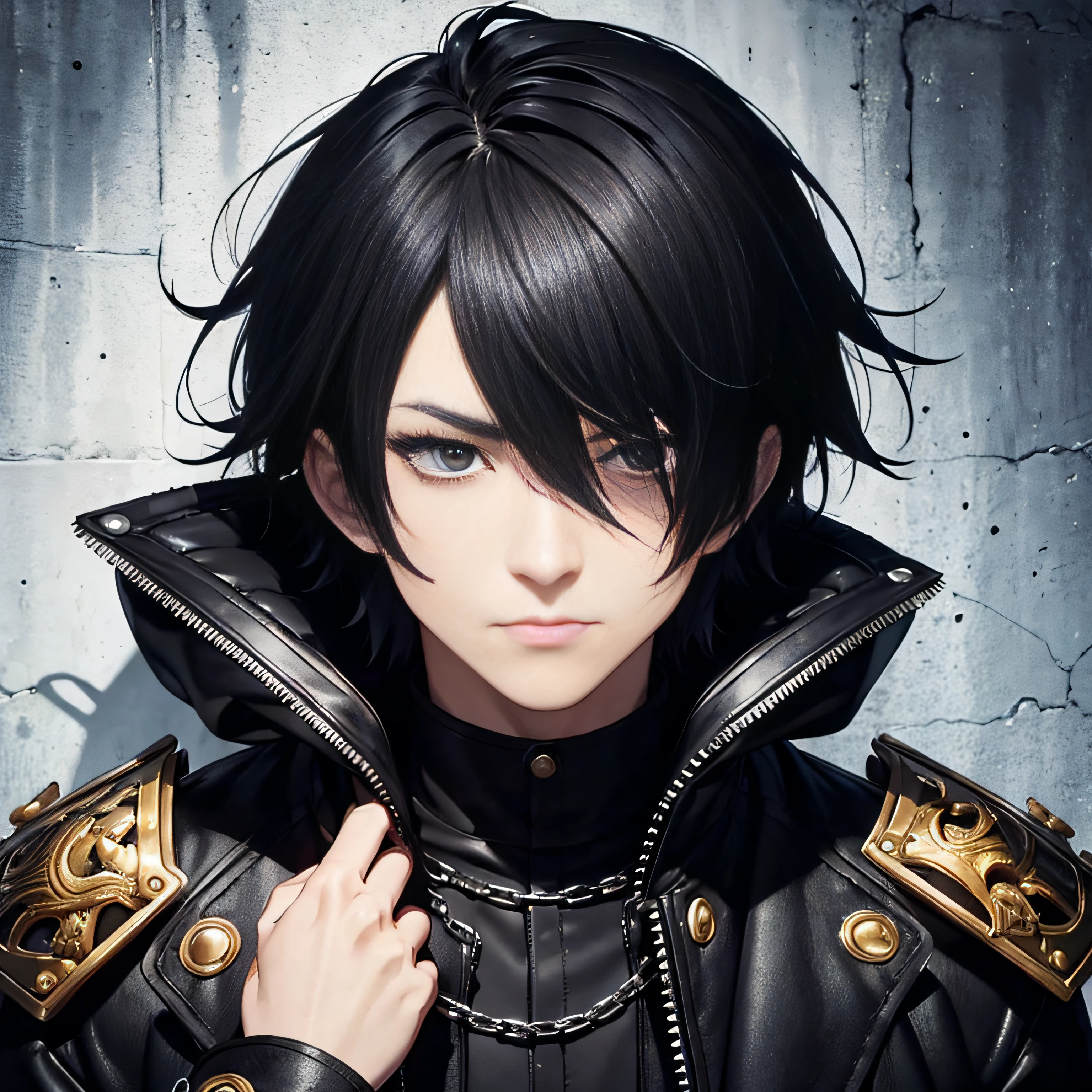 masutepiece, Best Quality, 1man, Adult, Male Focus, Solo, Medium black hair, vibrant black eye, Looking at Viewer, Closed mouth, Emo, Fantasy aesthetics, Highly detailed, shadowverse style, leather coat --auto