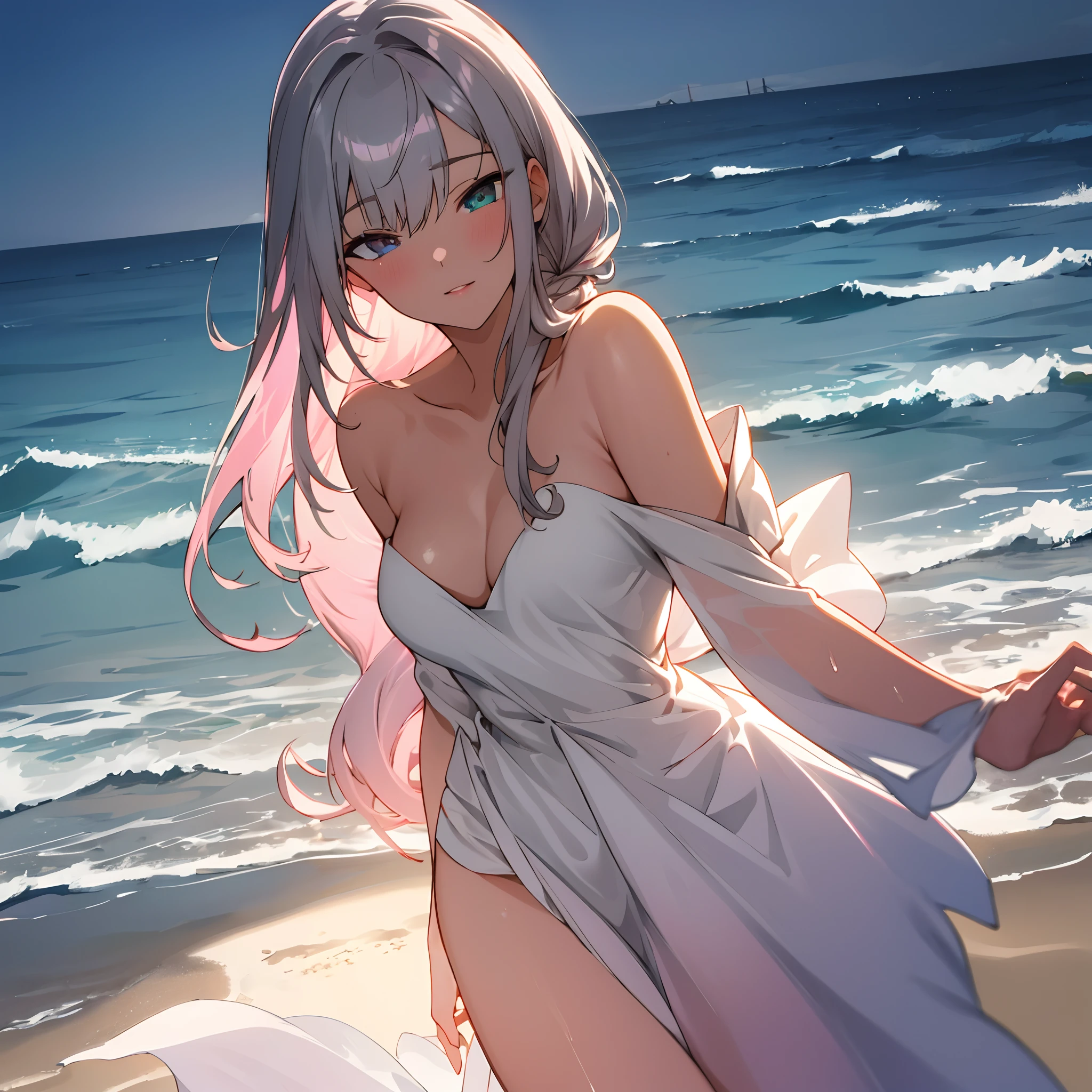 (masterpiece, best quality, ultra-detailed, highres), (((solo))),(sidelighting, lustrous skin), (bloom), (shine), lighting, strong rim light,grey gradient hair,messy_long_hair,heterochromia,black silk stocking,pink lucency full dress,ocean,on the beach,beautiful detailed water,arm at side,gradient_eyes,beautiful detailed eyes