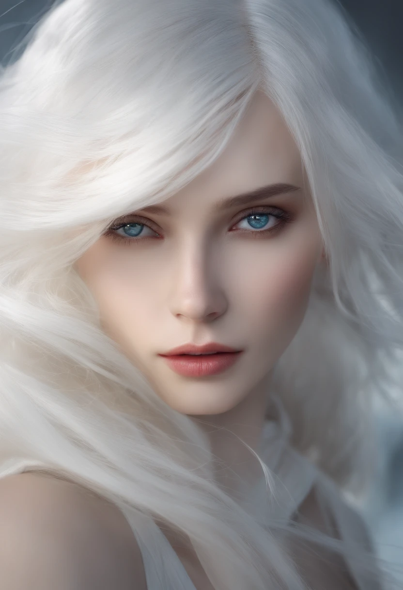 RAW, style, A stunning portrait of a young and beautiful albinism woman with striking features. She must have short messy white hair, a captivating look, and a seductive expression. The background should be neutral and simple, allowing the woman to be the focal point of the image. Please pay close attention to details, such as the highlights and shadows on your face and hair, to create a realistic and realistic image. Try different lighting techniques to improve the mood and atmosphere of the portrait. The final product should be a masterpiece that captures the essence and beauty of the woman, ((highly detailed skin, skin details)), sharp focus, volumetric mist, 8k UHD, DSLR, high quality, film grain, Fujifilm XT3