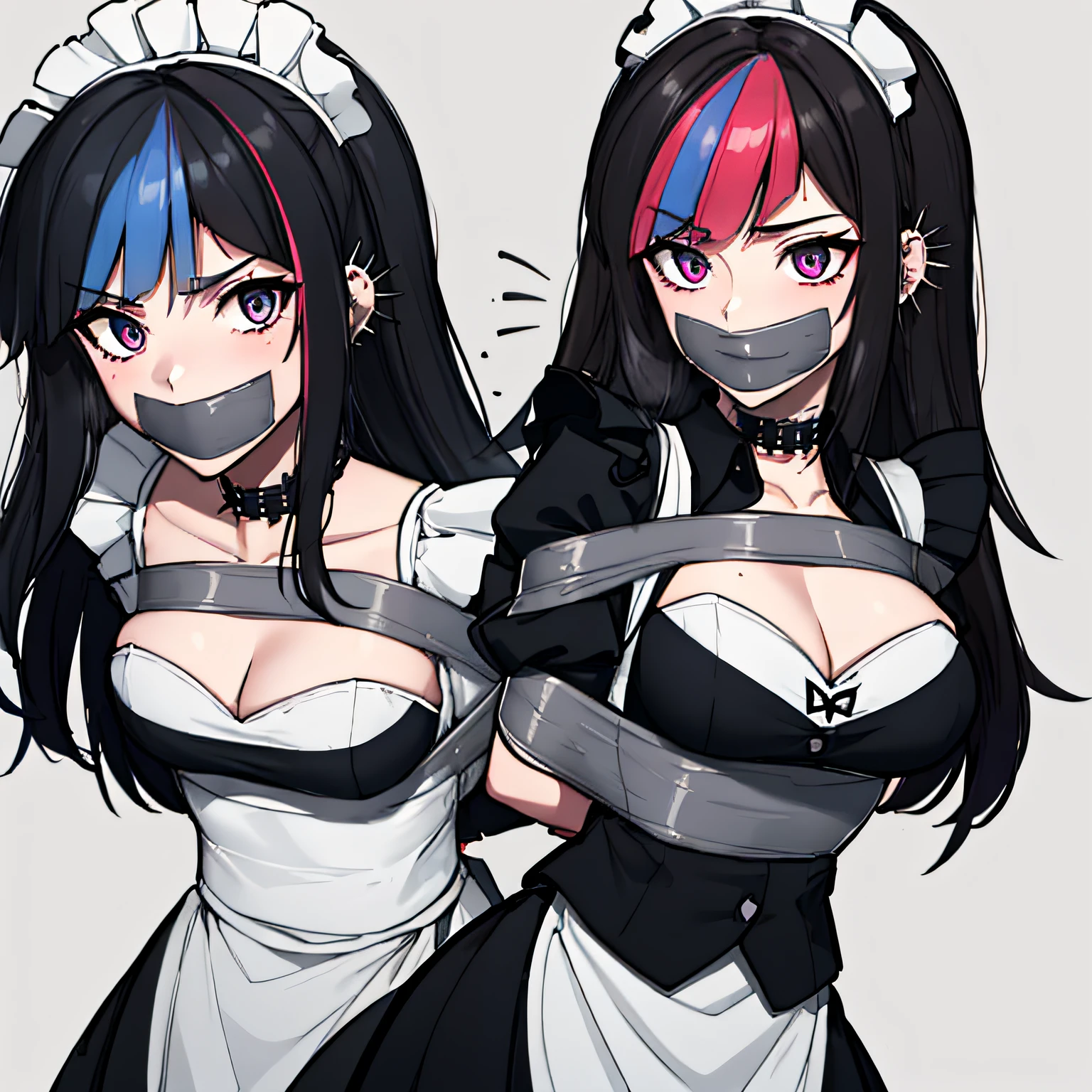 (absurdres, 8k, 4k, masterpiece, hyper extreme detailed:1.2), solo, 1girl, front view, perfect face, 1girl, portrait, expressive eyes, solo, standing, Female, perfect hands, pale skin, friendly, excited, punk rock, Long Hair, Multicolored Hair, black choker, black lipstick, Piercings, Ear Piercings, Nose Piercings, medium Bust, smile, half body, perfect anatomy, hands in pockets, anatomically correct, cowboy shot, no background, empty background, covered chest, white background, exposed shoulder, bound, bondage, (arms behind back:1.4), bdsm, tape gag, tape, tape bondage, restrained, tape wrapped, wrap gag, bondage, taped wrists, taped breasts, taped mouth, taped elbows, taped forearms, standing up, 1girl, cleavage, black hair, maid outfit, multicolored maid outfit, maid