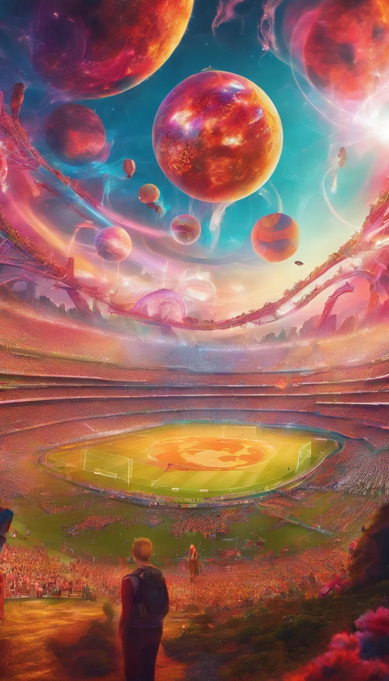 Showcase a scene of future 2030 Portugal soccer world cup, featuring virtual classrooms, intelligent mentors, and the potential for interstellar learning. 8k