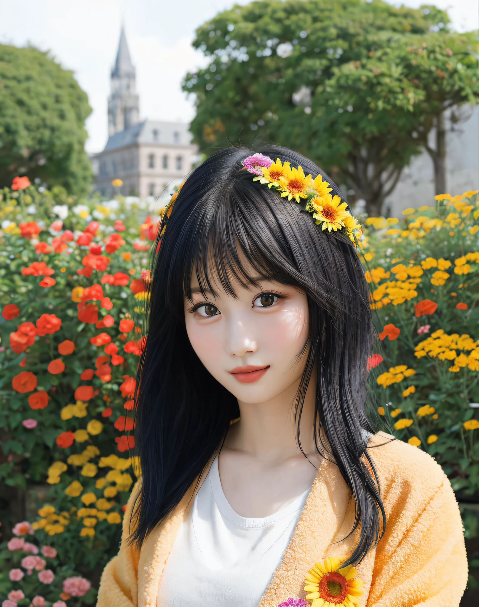 momo, 1girl in, infp young woman, (Upper body:1.2), (Looking at Viewer:1.3), (Schoolgirl Jacket), (flowercrown), (Beautiful city, Beautiful sky background), natural skin color, (Closed mouth:1.2), (medium breasts⁩), Floating hair, Beautiful expression, Details of face, eye detailed, Iris Details, masutepiece, Best Quality, Photorealistic, Hyper realistic, ultra-detailliert, Perfect Lighting, depth of fields, shadowy, hight resolution,