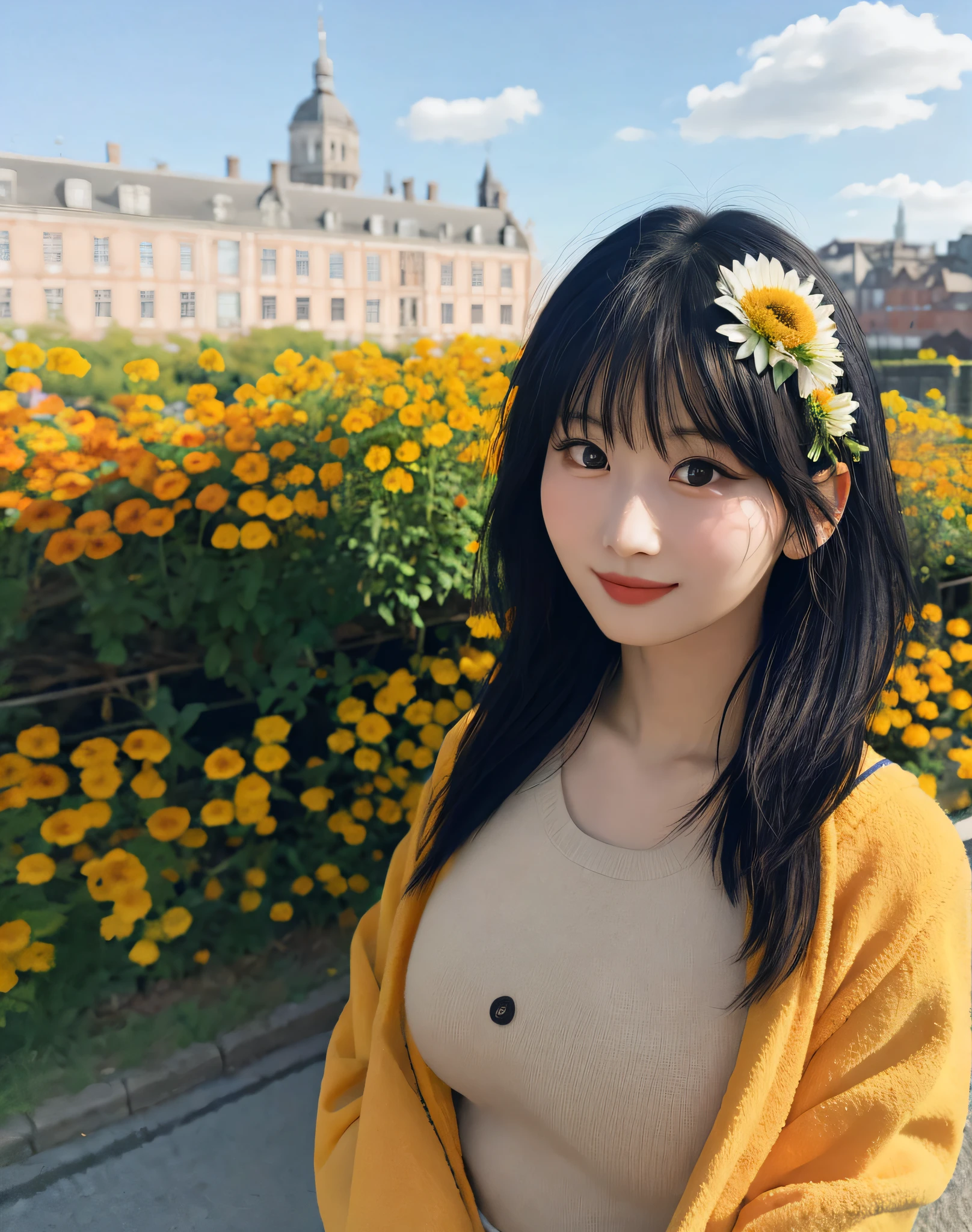 momo, 1girl in, infp young woman, (Upper body:1.2), (Looking at Viewer:1.3), (Schoolgirl Jacket), (flowercrown), (Beautiful city, Beautiful sky background), natural skin color, (Closed mouth:1.2), (medium breasts⁩), Floating hair, Beautiful expression, Details of face, eye detailed, Iris Details, masutepiece, Best Quality, Photorealistic, Hyper realistic, ultra-detailliert, Perfect Lighting, depth of fields, shadowy, hight resolution,