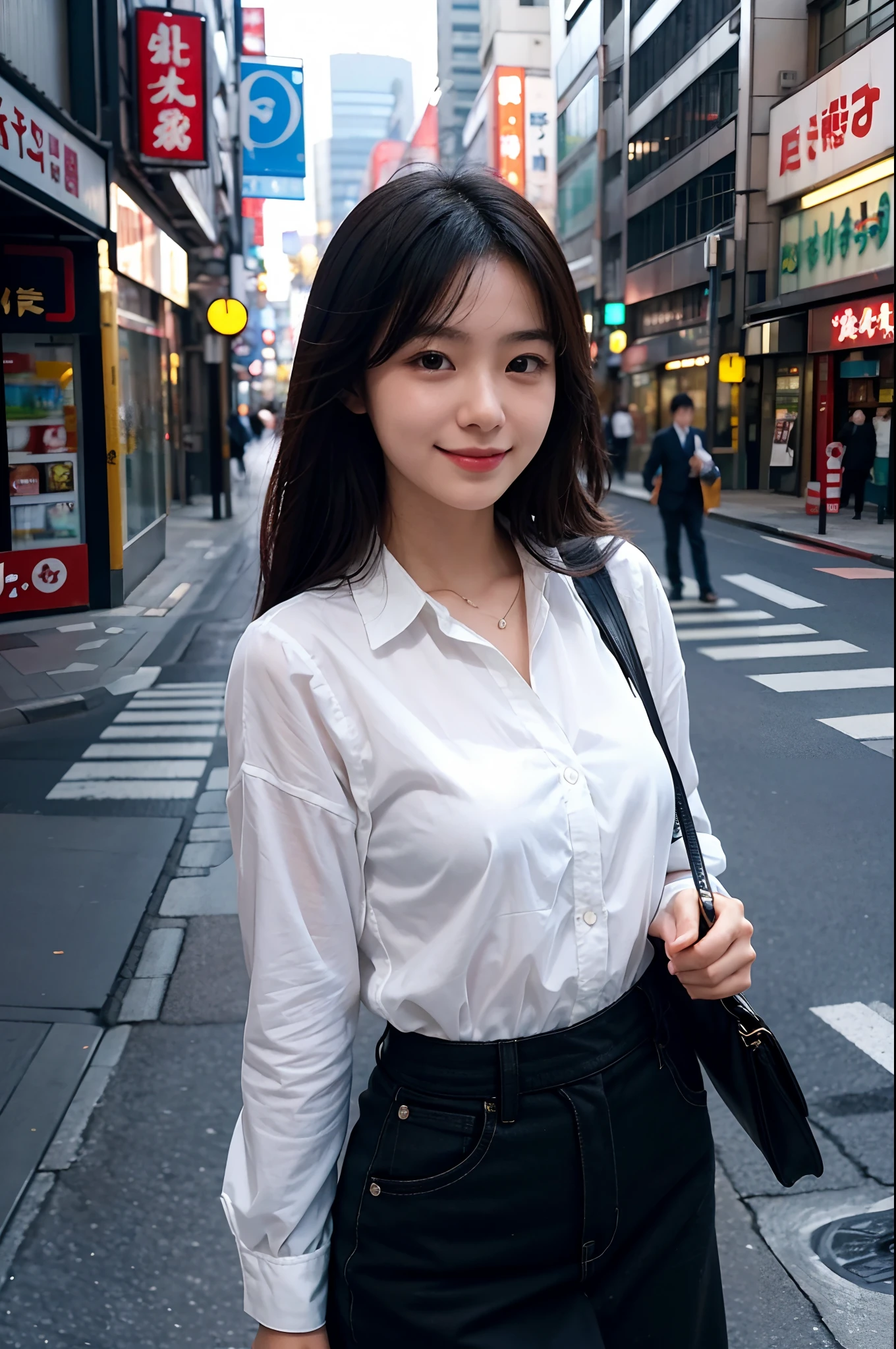 Capture a radiant image of a young Japanese woman in her 20s, working in Shimbashi, Tokyo. She is smiling, her eyes sparkling with joy and energy. She is dressed in a smart, professional outfit, reflecting her role in the bustling business district. The photo should be taken with a Nikon D850 DSLR camera, using a 50mm f/1.8 lens. The resolution should be 45.7 megapixels, ISO sensitivity: 64, and shutter speed 1/200 second. The lighting should be natural, with the warm glow of the afternoon sun illuminating her face. The colors should be vibrant, with the urban backdrop of Shimbashi providing a contrast to her bright persona. The shot should be a medium close-up, capturing her from the waist up, with the bustling city life blurred in the background.