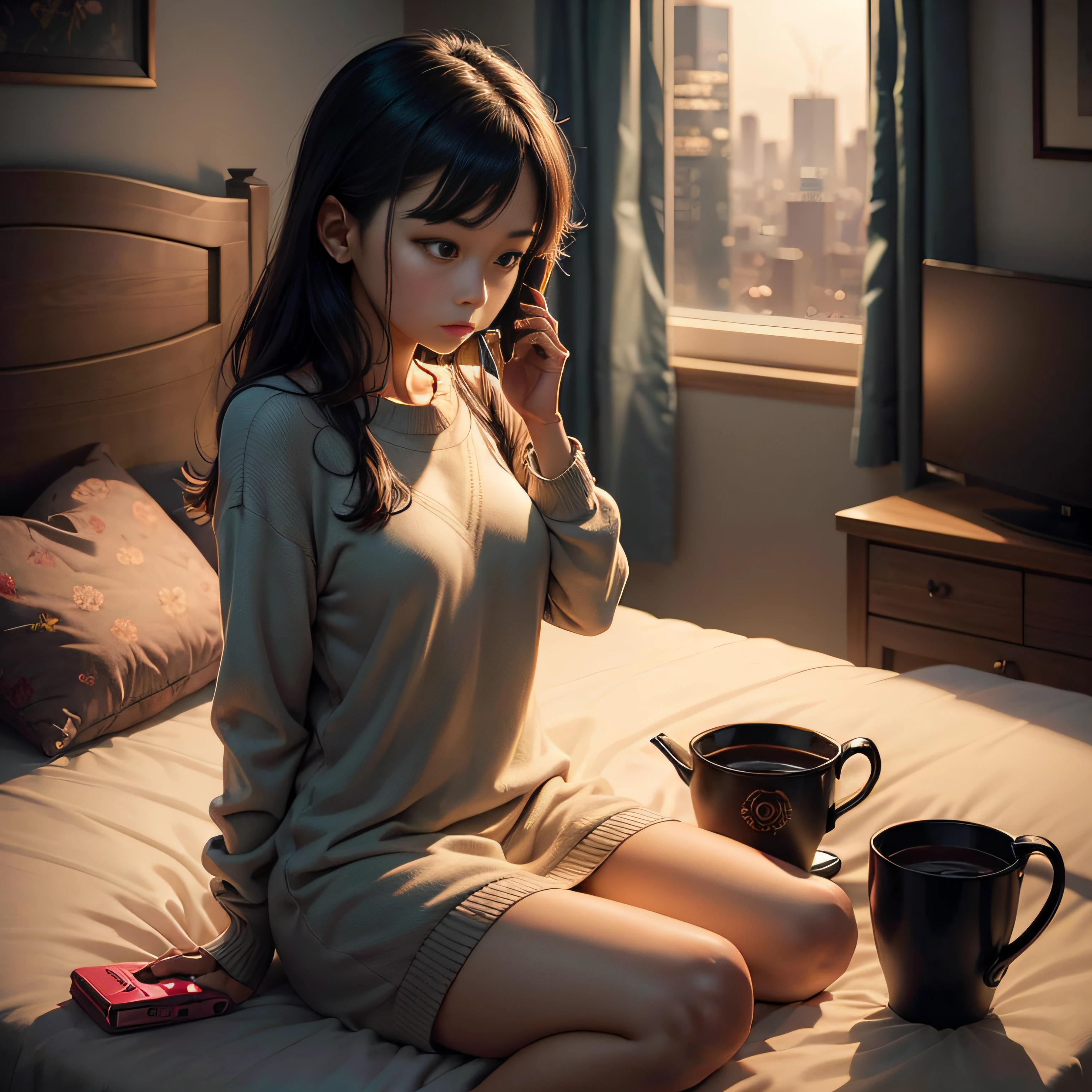 there is a woman sitting on a couch with headphones on,  chiho, shikamimi, lofi girl, sitting on a bed, nanae kawahara, wearing kneesocks, her foot sticking out, profile pic, sitting on the bed, harumi, relaxing and smiling at camera, sitting on the floor,look at camera,