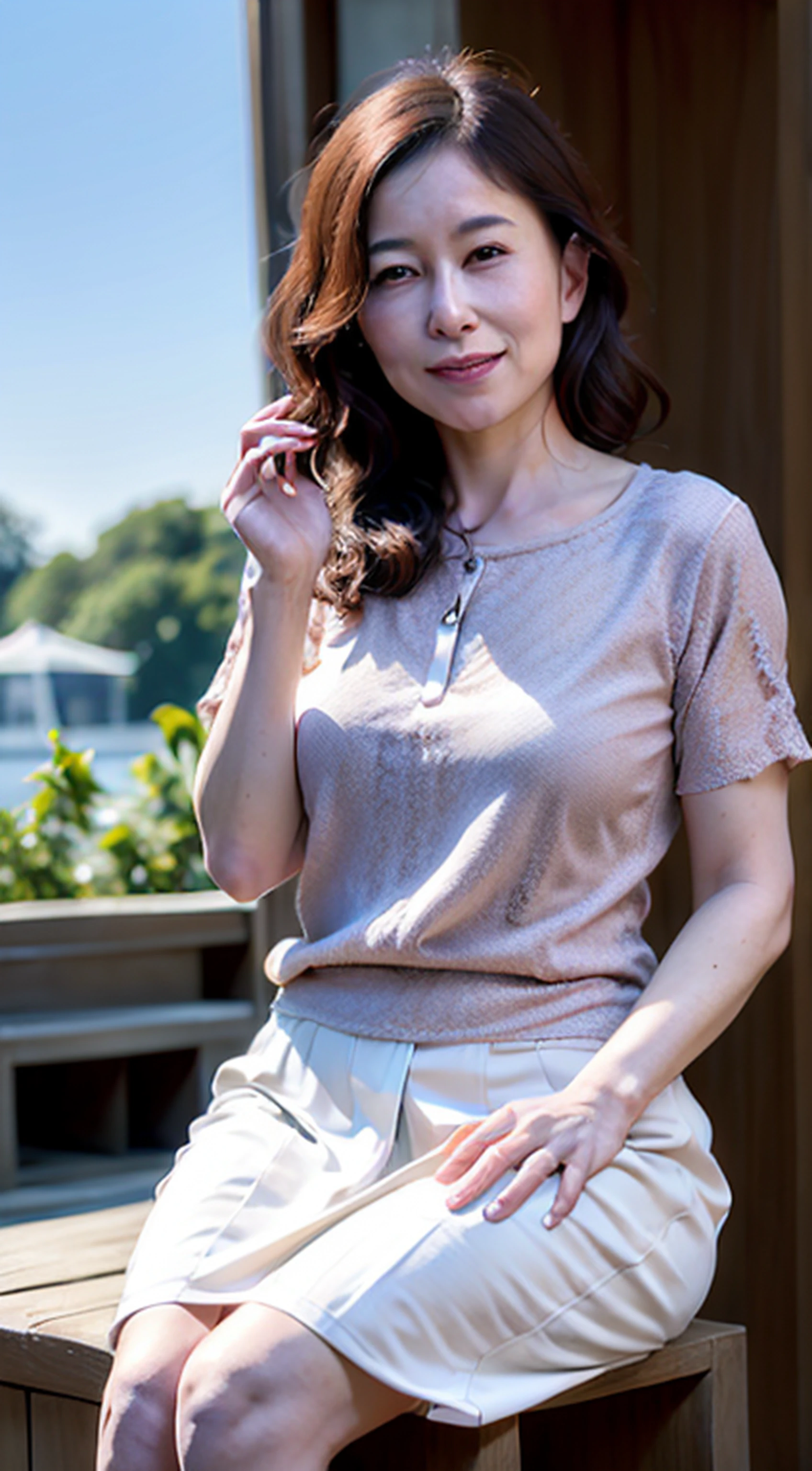 (8K, Best quality, Masterpiece:1.2), (Realistic, photo-realistic:1.37), (8K、RAW photography、Photorealsitic:1.3)、47-year-old mature woman,The face is delicate,Elegant feminine,Happy and charming,The fabric of the shirt outlines the huge chest contour of her M cups,The clothes conform to her curves,Beautiful detailed sky,Detailed Cafe,Night,Sitting,dated,(nose blush),(Smile:1.1),(Closed mouth) Beautiful detailed eyes,(Collared shirt:1.1), neck bowtie,Pleated skirt
