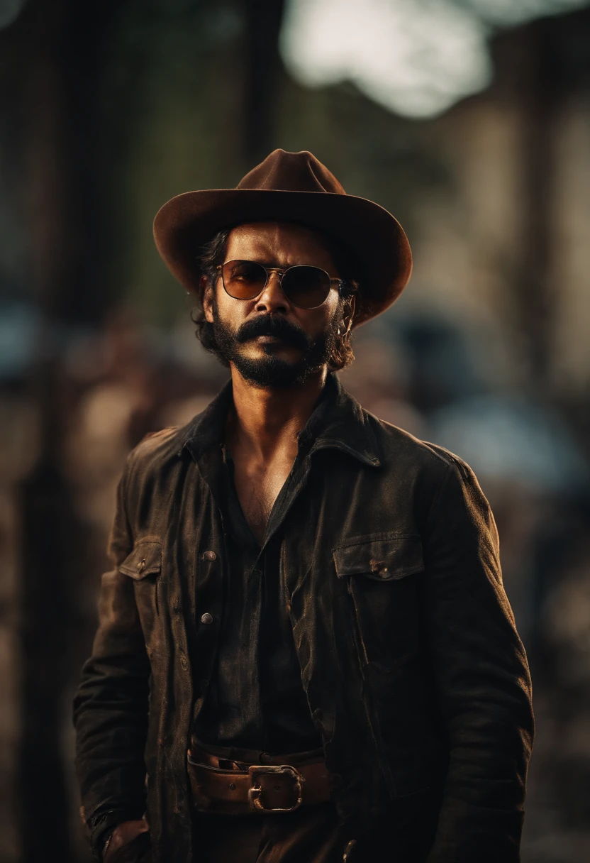 thalapthy vijay as cowboy with a gun in hand artistic style image having a wild look and beard and rage in the eyes with a ciggarette in his mouth and wearing cool sunglass in a blasting fire background