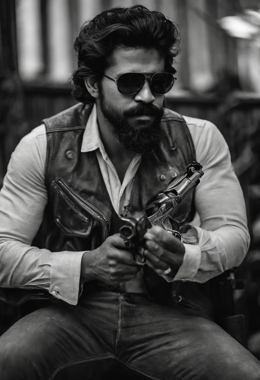 thalapthy vijay as cowboy with a gun in hand artistic style image having a wild look and beard and rage in the eyes with a ciggarette in his mouth and wearing cool sunglass in a blasting fire background