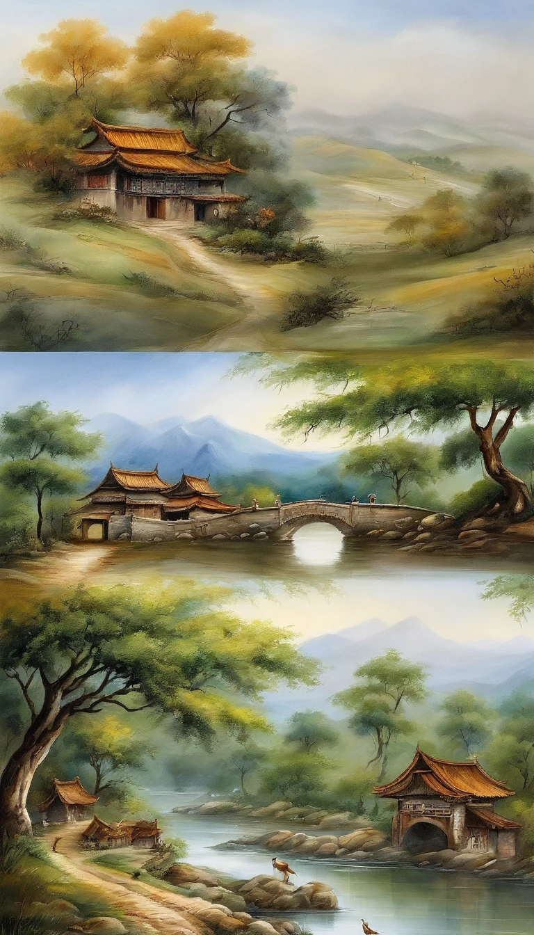 Chinese landscape painting,ink and watercolor painting,water ink,inky,Smudge,Faraway view,Ultra-wide viewing angle,meticulous,Diagram of 5 cows,Five scalpers,River side,Small stone bridge,grass field,The tree,The view is the mountains,(8k wallpaper),(光影效果),rendering by octane,White Balance Design,Highly detailed image depiction,wide angles,depth of fields,tmasterpiece,realisticlying,Beautifully depicted,A detailed,acurate,Works of masters,tmasterpiece