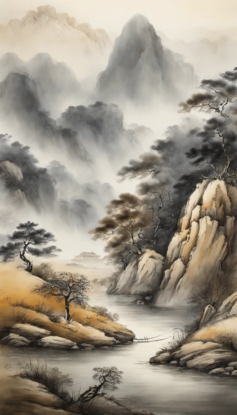 Chinese landscape painting，ink and watercolor painting，water ink，inky，Smudge，Faraway view，Ultra-wide viewing angle，meticulous，Diagram of 5 cows，Five scalpers，River side，Small stone bridge，grass field，The tree，The view is the mountains，（8k wallpaper），（光影效果），rendering by octane，White Balance Design，Highly detailed image depiction，wide angles，depth of fields，tmasterpiece，realisticlying，Beautifully depicted，A detailed，acurate，Works of masters，tmasterpiece