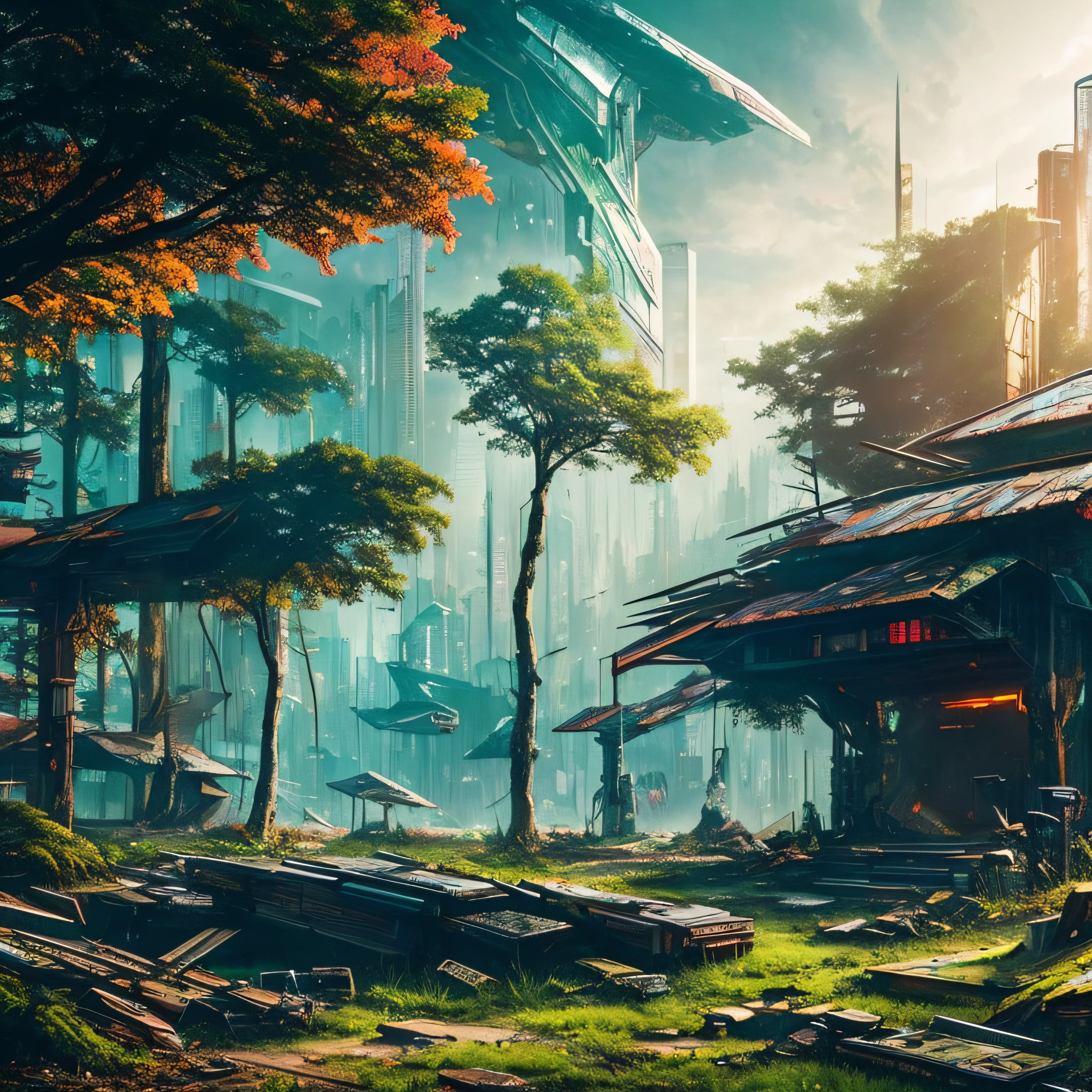 Cyberpunk, Broken, There is a dense primeval forest.、Lots of photos of vintage house buildings, Cyberpunk, Broken, There are a lot of stones, Lush forest background, Thick wooden background, a wide meadow, Arena background, Game Background, Exaggerated forest background, Cartoon style --auto