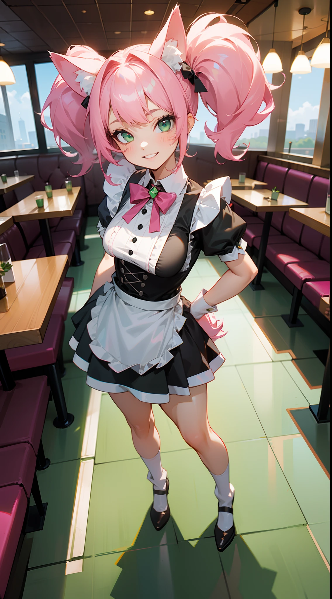 1girl,solo,happy face,teeth,white and black maid outfit,medium tits,pink cat ears,light pink hair,mega twintails,green eyes,(((standing in a restaurant))),