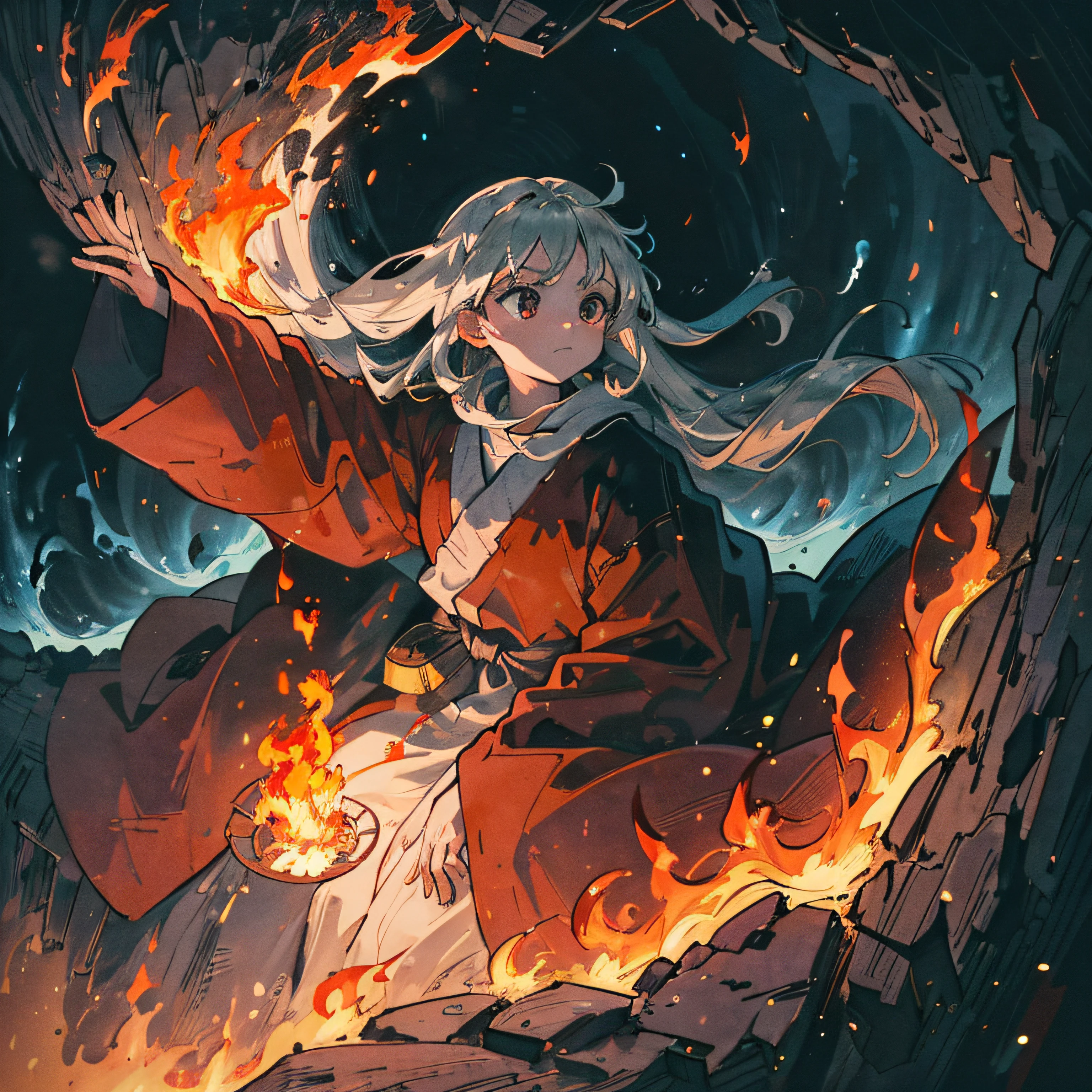 (Best Quality, masutepiece),  (1girl in, Solo,brown robes, Facial expression face, Looking away, Sitting, Wide sleeves, Black eyes, Closed mouth, Ribbon-shaped fire on the head, Long hair, Cowboy Shot), (monochromes, Night sky at the entrance of the cave , Light rising from below, inside a cave, Floating glowing bundle of white particles, Fire burning at hand, Float a lot of small fires), --auto