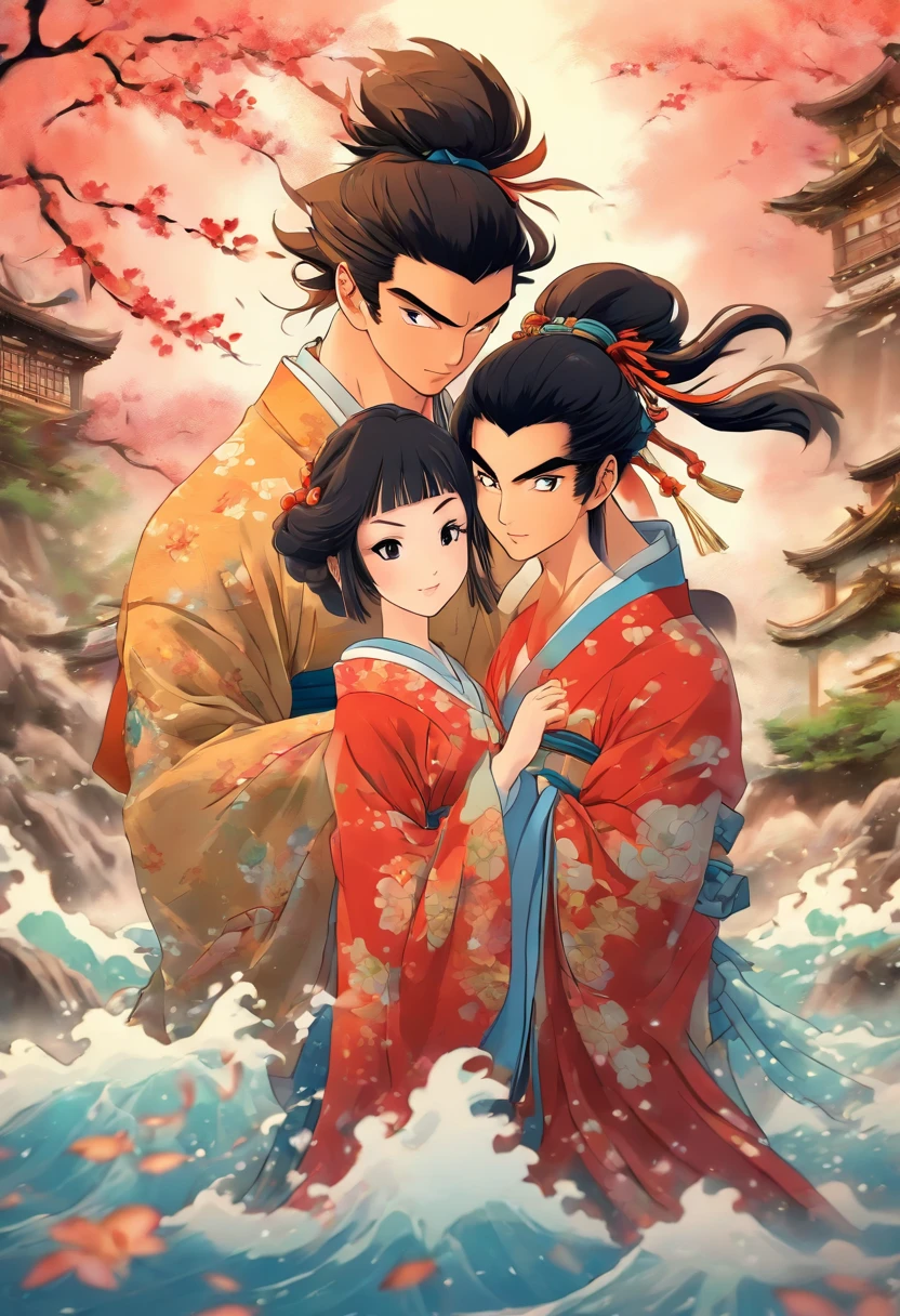 (((husband and wife)) best quality, ultra-high resolution, 4K detailed CG, masterpiece, A couple,Black hair,couple,water,river,feudal Japan, ((couple),Shui Mo Hua,Style of Chinese painting, Thangka Style, aesthetic, beautiful image, centered on the canvas