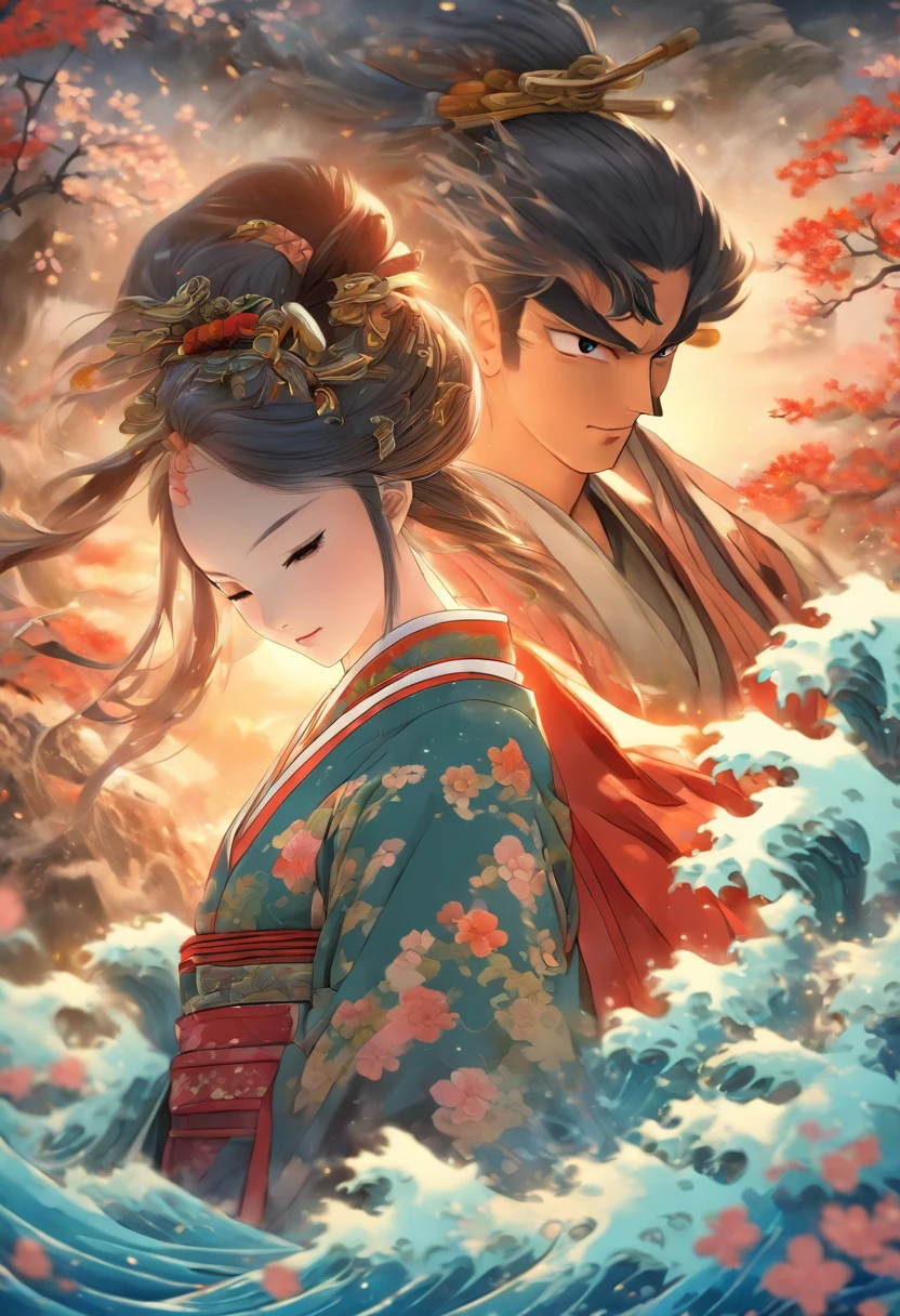 (((husband and wife)) best quality, ultra-high resolution, 4K detailed CG, masterpiece, A couple,Black hair,couple,water,river,feudal Japan, ((couple),Shui Mo Hua,Style of Chinese painting, Thangka Style, aesthetic, beautiful image, centered on the canvas
