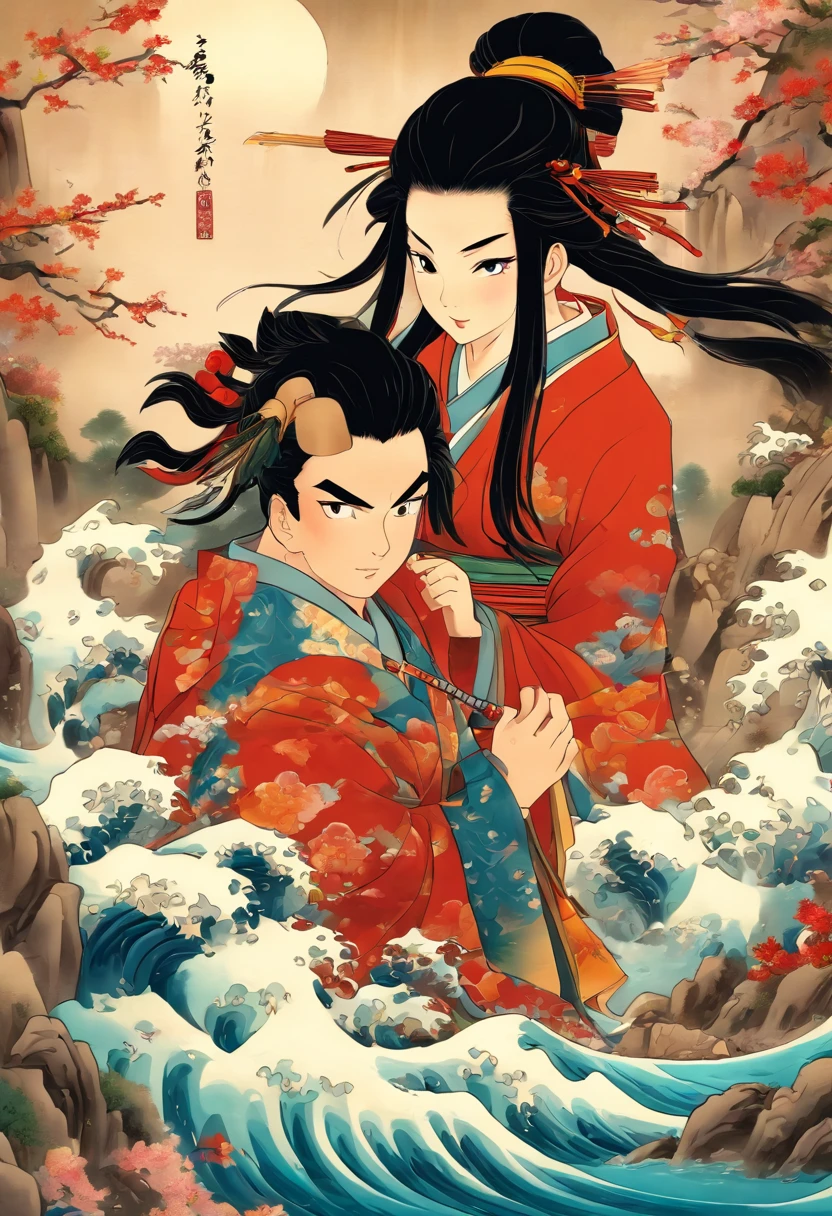 (((husband and wife)) best quality, ultra-high resolution, 4K detailed CG, masterpiece, A couple,Black hair,couple,water,river,feudal Japan, ((couple),Shui Mo Hua,Style of Chinese painting, Thangka Style, aesthetic, beautiful image, centered on the canvas