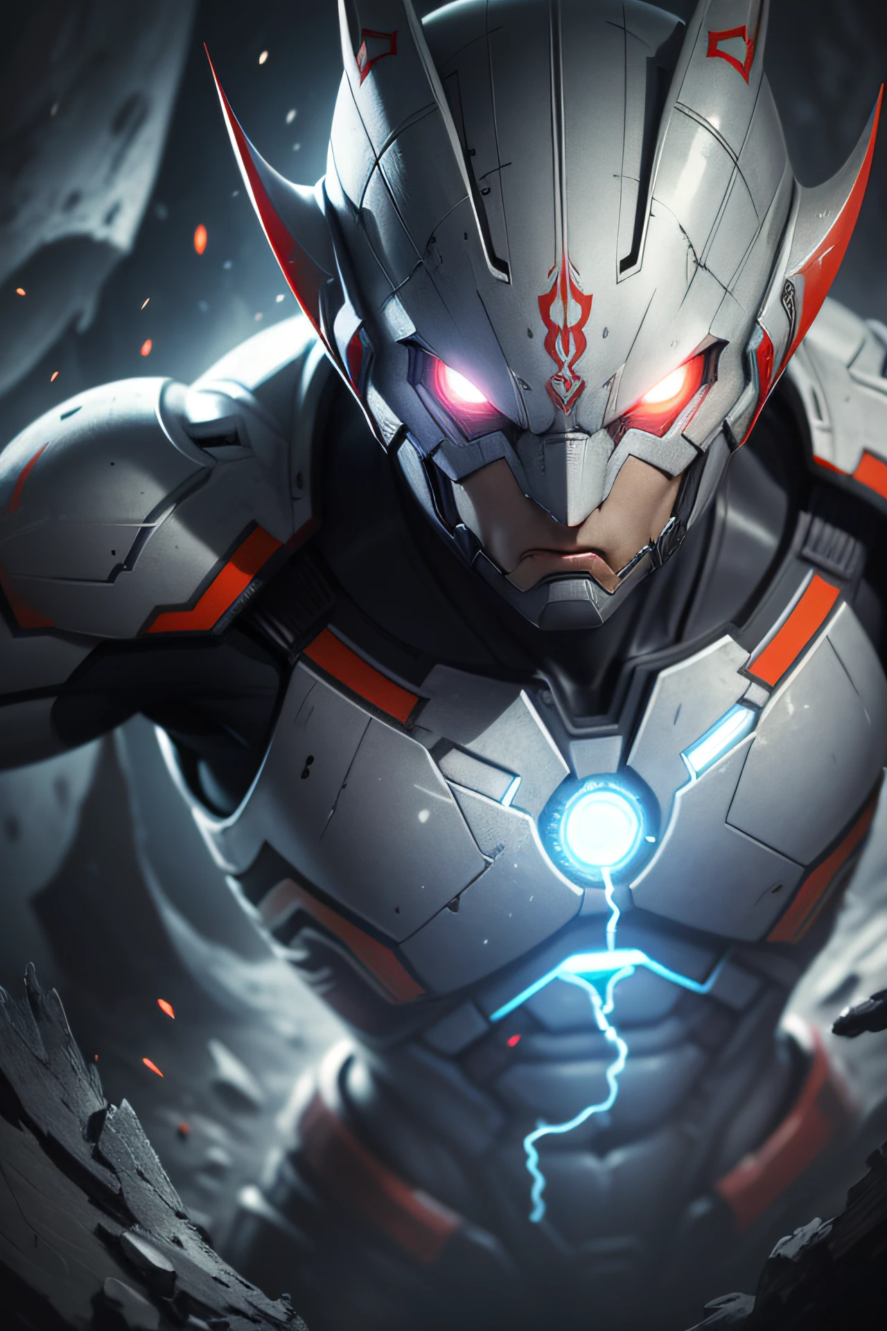 (((best quality))),(((ultra detailed))),(((masterpiece))),illustration,Ultraman,dark background,powerful pose,glowing eyes,ominous atmosphere