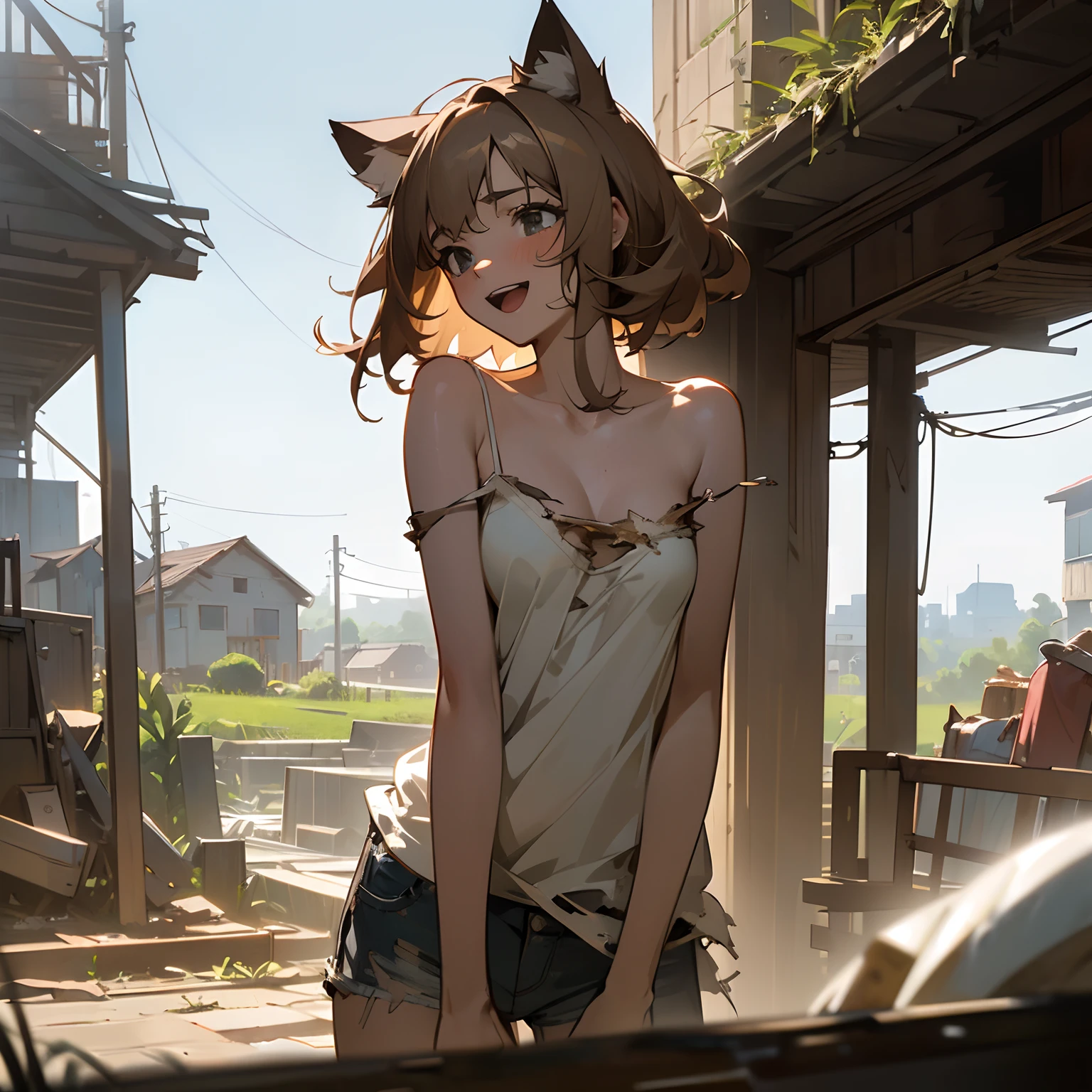 ((Masterpiece)),(Professional Photography:1.2), 8K, cinematic lighting, very messy medium hair, Cute age Beautiful girl, (against the beautiful lawn high hill), (exposed breast, badly ragged and torn dirty oversized white-camisole, Slender small breasts, smile, open mouth), slum townscape, Textured skin, cat ears, Pale brown hair