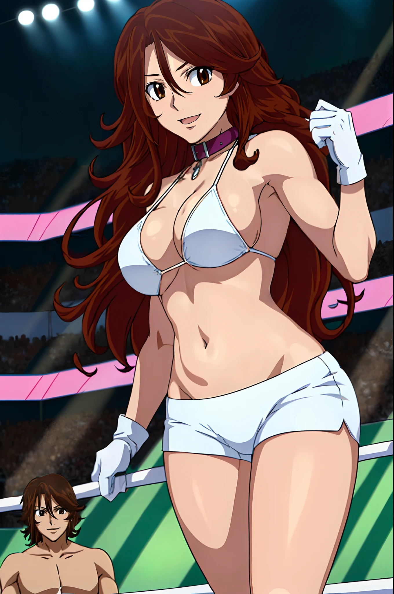 (wwe Maria), body view, anime style: 1.8, anime drawing, ultra detailed face, ultra detailed body, 4k, Sumergai Lee Noriega, (standing), best quality, anime style, hires, highest definition, digital blending, bold drawing lines, ((wwe diva), (location: wrestling arena, crowds watching), ( slim body, little biceps, thighs, off-shoulders, (curvy: 2.8)), ((white bikini, shorts, groin, , white gloves, collar)), victorious, winner, gentle, (big breasts, smile), (big eyes, brown eyes), (clapping), (brown hair, loose hair, curly hair, wavy hair, long hair, missy hair), 27 years old,