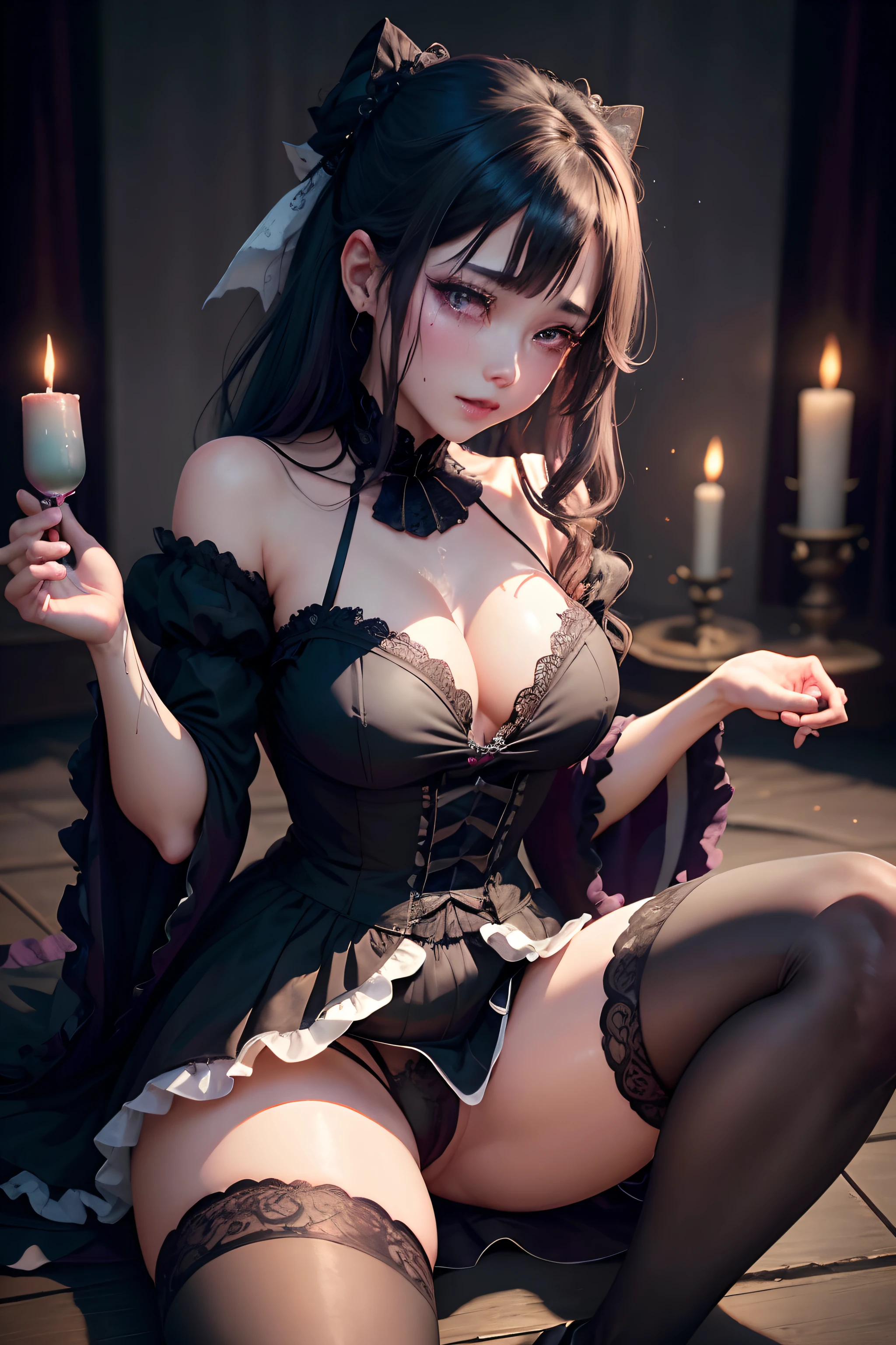 A sexy、Glamour、A slight smil、garterbelts、knee high socks、panthyhose、Beautifying the world、Unhappy、Lament my night's fantasy、Transcendent beauty、Beautiful shape、wretched、ghosts、wraiths、Evil Spirit、Beautiful、boredom、Unusual beauty、Bewitching、Fornication、Hard Dark Gothic Makeup、Maniacal、Deep night sky、horor、twin-tail hair、Black Dark Eyeshadow、slaves、crying how bright、mourn、Sad songs、Good skin luster、Lace pink、Long hair straight hair、Dark Gothic Makeup、Dark smile、Restless Palace、Expressions of sexual arousal、Fragrant beauty、age19、carriage、Lying、seductiv、 slightly plump thighs、Strong sexual pleasure facial expressions、A look of shame、open your legs a little、Dark Gothic、Gothic Long Dress、Gothic ta、Dark purple hair、Masturbation、bell sleeves、Wizard Sleeve、Obscene look、Stained glass background、masterpiece、best quality、ultra-detailed、all-fours、Refers to 5 books、Glitter of sweat on the chest、Glitter of sweat on the face、Glitter of sweat on the thighs、Deep hand in crotch and panting expression、Expressions of sexual pleasure in anguish、sweating profusely、Drunken face、Nasty Woman、maid clothes、glamorous、Mysterious、