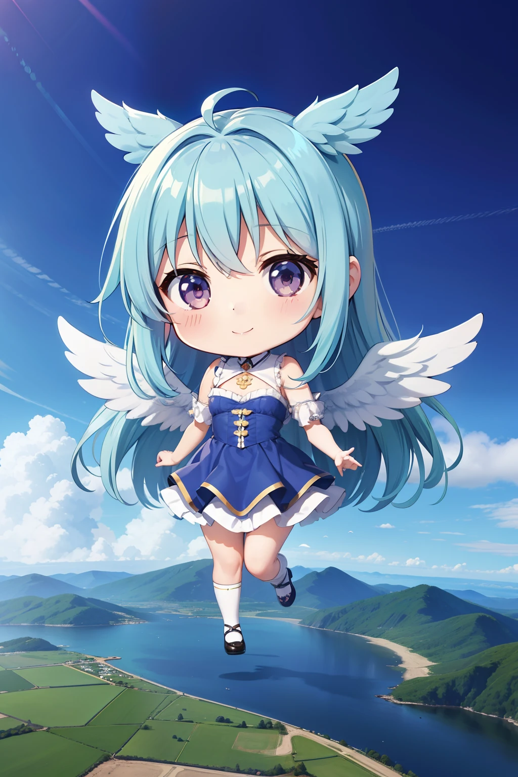 angelicales　Chibichara　large wings on the back、Flying comfortably in the sky　adorable smiling　long hair with blue hair((Chibi Chara))、Fluffy、girl with、Chibi Chara、full body Esbian、angel costume、Pastel colors hair、masutepiece、top-quality、Vast landscape in the background(a picture)