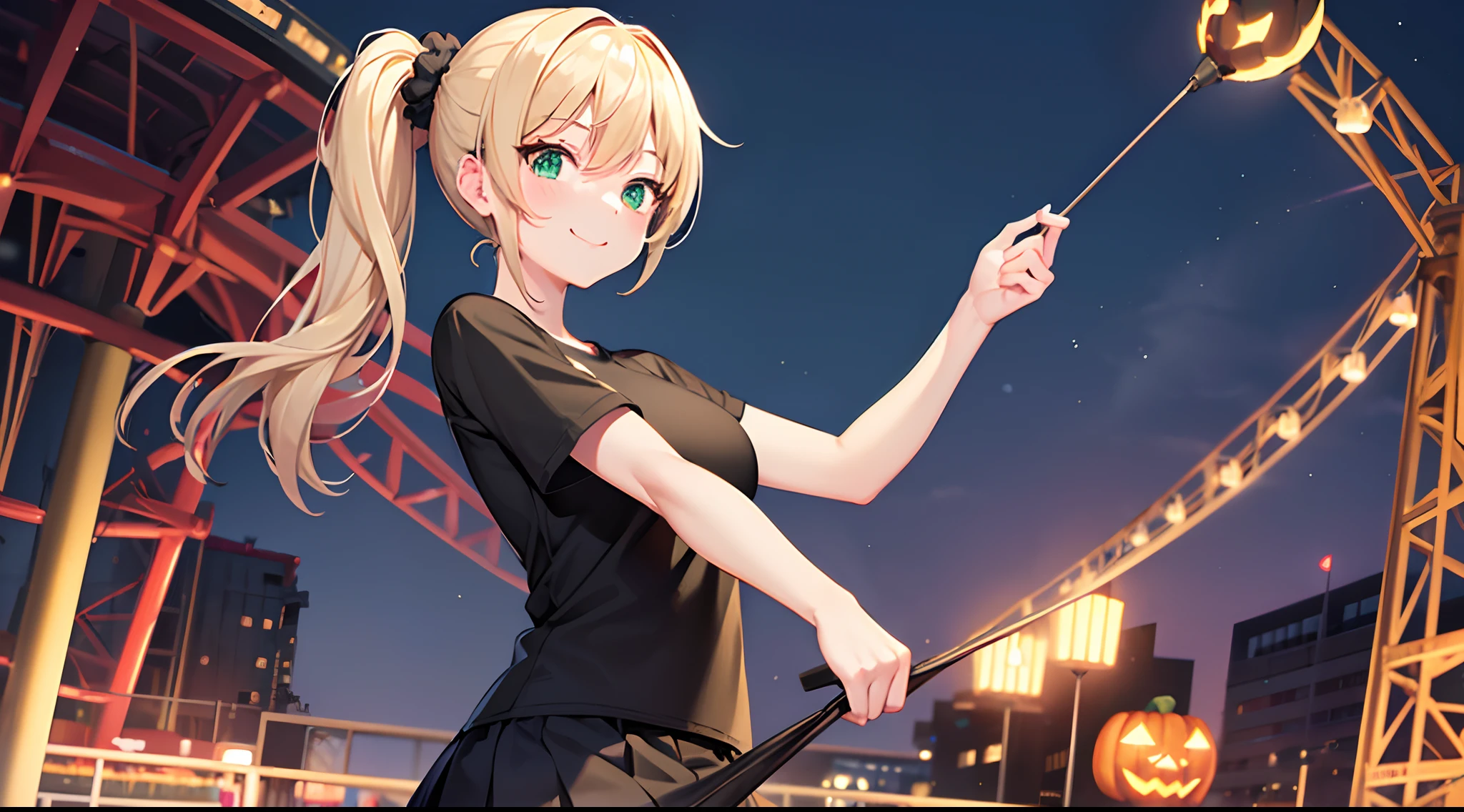 1 girl, game CG, plain black T-shirt, white short skirt, hair scrunchie, gigantic breasts, blonde, middle hair, side ponytail, green eyes, night, amusement park, Halloween background, smile,